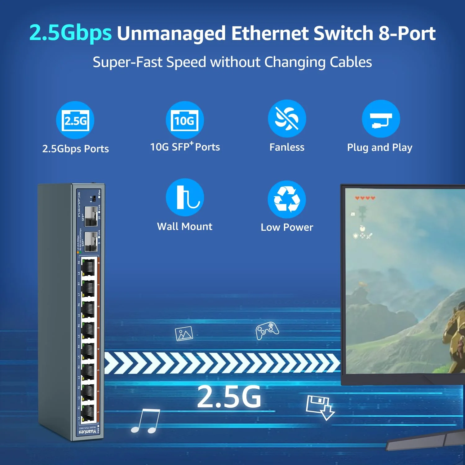 10-Port 2,5G Unmanaged Ethernet Switch, 8 x 2,5G Base-T Ports, 2 x 10G SFP, Kompatibel mit 100/1000/2500Mbps, Lüfterloses, Desktop-/Wandmontage, YuanLey 2,5Gbe Netzwerk-Switch für Wireless AP, NAS, PC - Image 2