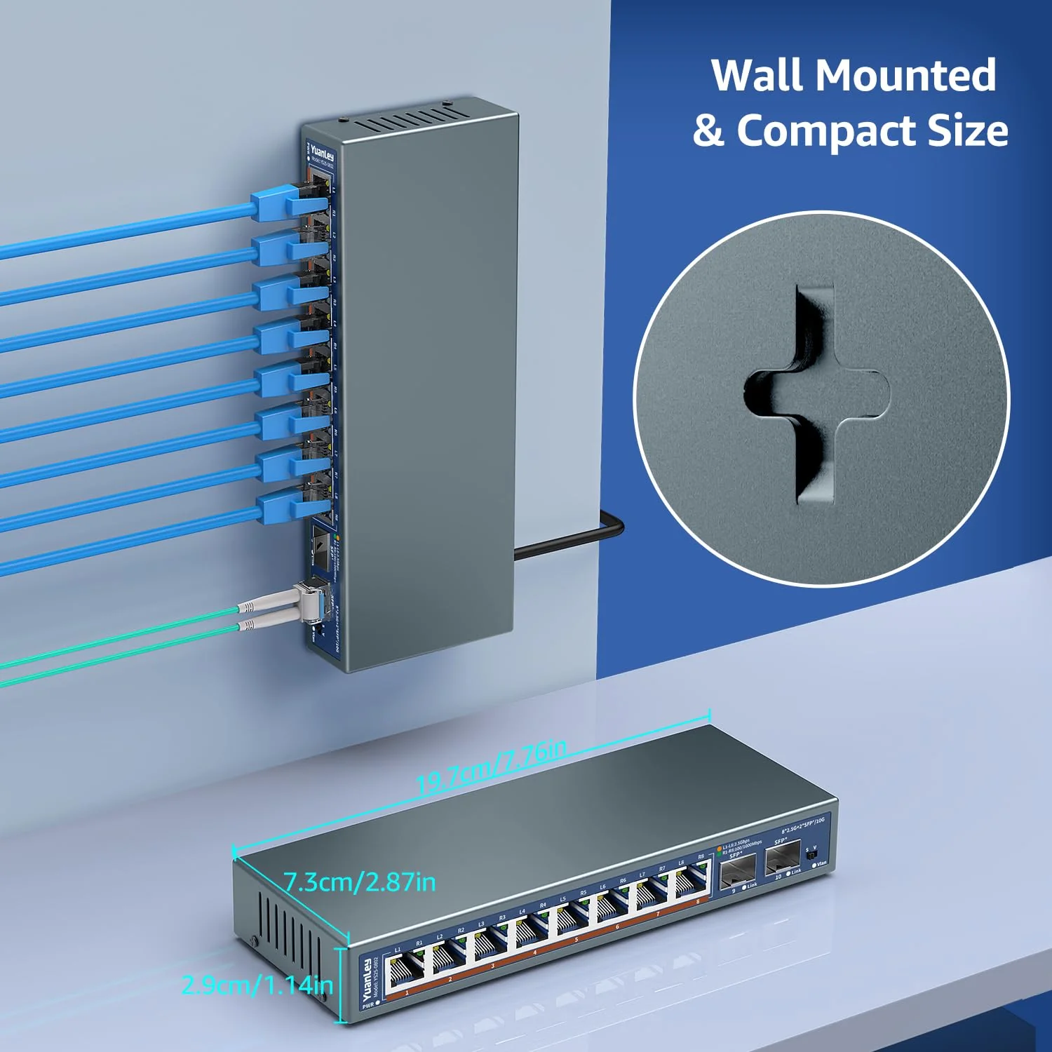 10-Port 2,5G Unmanaged Ethernet Switch, 8 x 2,5G Base-T Ports, 2 x 10G SFP, Kompatibel mit 100/1000/2500Mbps, Lüfterloses, Desktop-/Wandmontage, YuanLey 2,5Gbe Netzwerk-Switch für Wireless AP, NAS, PC - Image 3