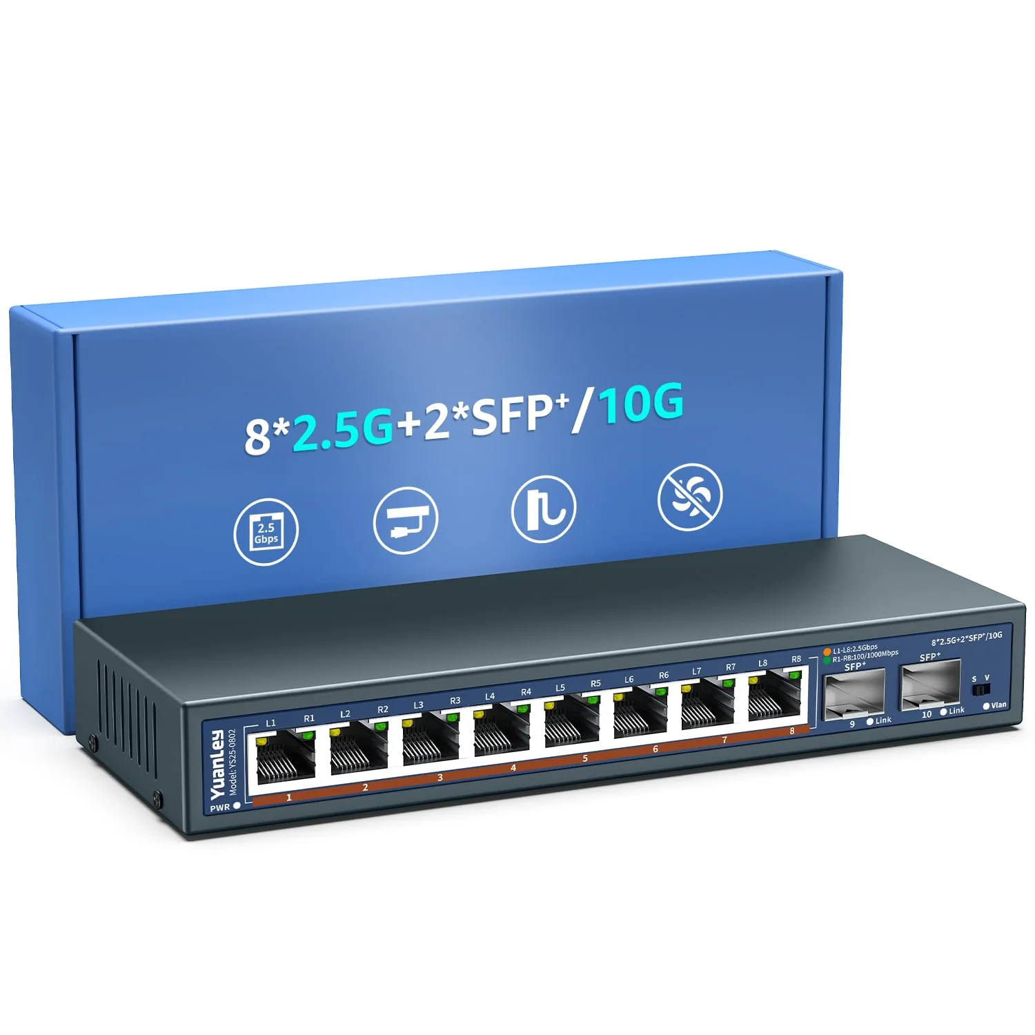 10-Port 2,5G Unmanaged Ethernet Switch, 8 x 2,5G Base-T Ports, 2 x 10G SFP, Kompatibel mit 100/1000/2500Mbps, Lüfterloses, Desktop-/Wandmontage, YuanLey 2,5Gbe Netzwerk-Switch für Wireless AP, NAS, PC - Image 6