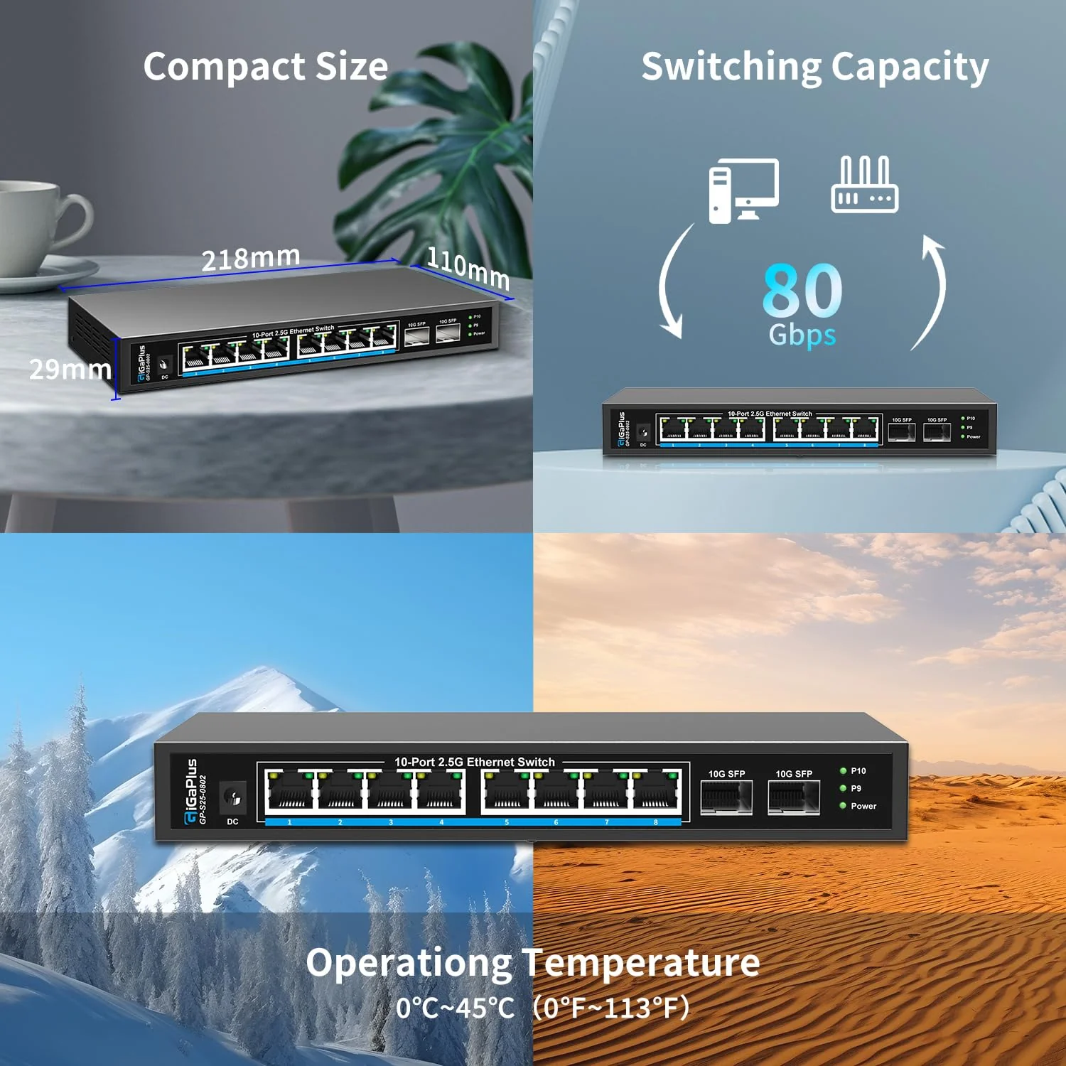 10 Port 2.5Gb Unmanaged Ethernet Switch mit 8* 2.5G Base-T Ports, 2* 10G SFP+ Ports. GiGaPlus 2.5Gbps Netzwerk Switch für 2.5Gbps NAS/PC, WiFi6 Router, Wireless AP. Lüfterloses Design, Plug and Play - Image 4