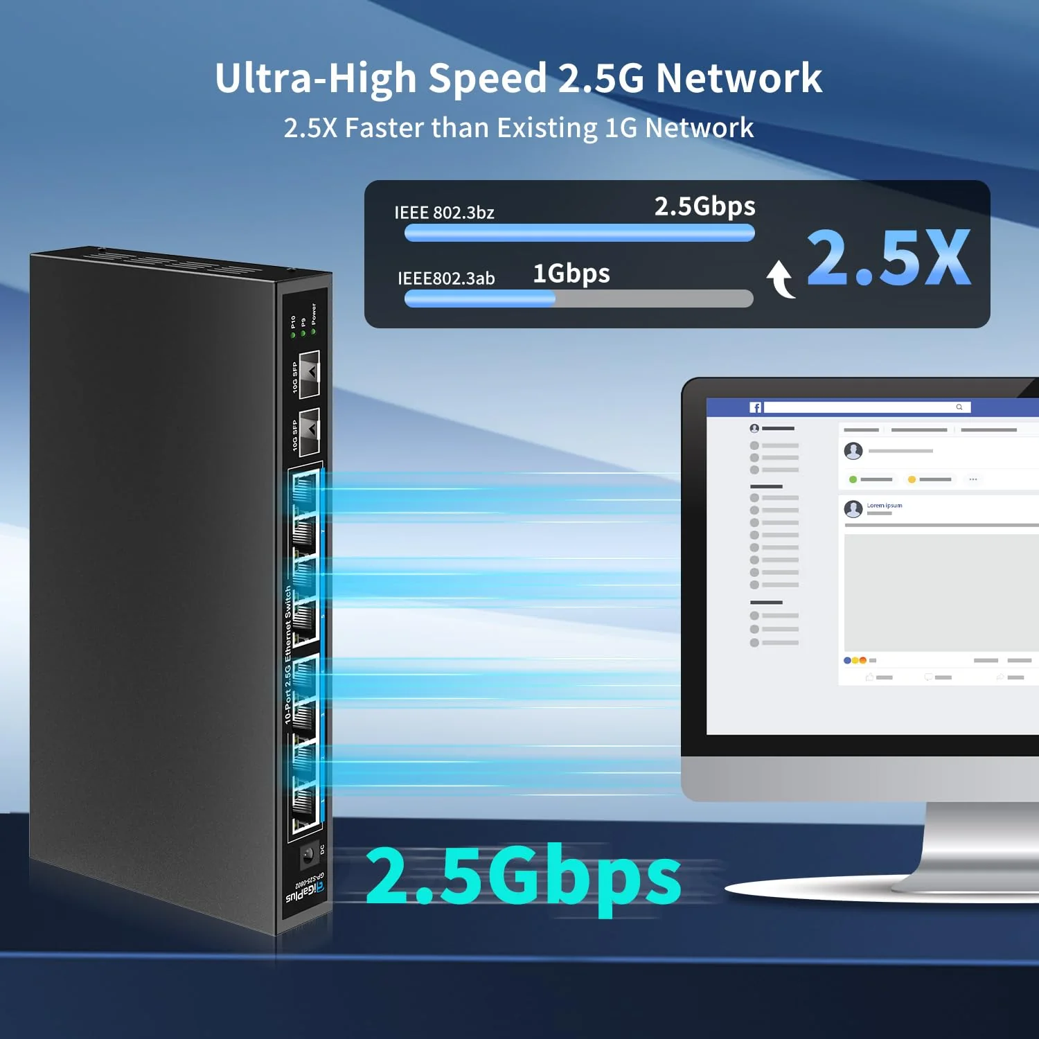 10 Port 2.5Gb Unmanaged Ethernet Switch mit 8* 2.5G Base-T Ports, 2* 10G SFP+ Ports. GiGaPlus 2.5Gbps Netzwerk Switch für 2.5Gbps NAS/PC, WiFi6 Router, Wireless AP. Lüfterloses Design, Plug and Play - Image 6