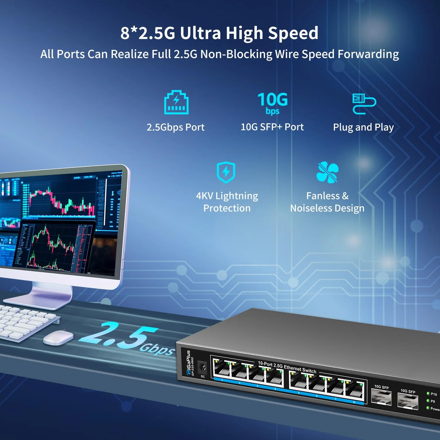 10 Port 2.5Gb Unmanaged Ethernet Switch mit 8* 2.5G Base-T Ports, 2* 10G SFP+ Ports. GiGaPlus 2.5Gbps Netzwerk Switch für 2.5Gbps NAS/PC, WiFi6 Router, Wireless AP. Lüfterloses Design, Plug and Play - Image 7