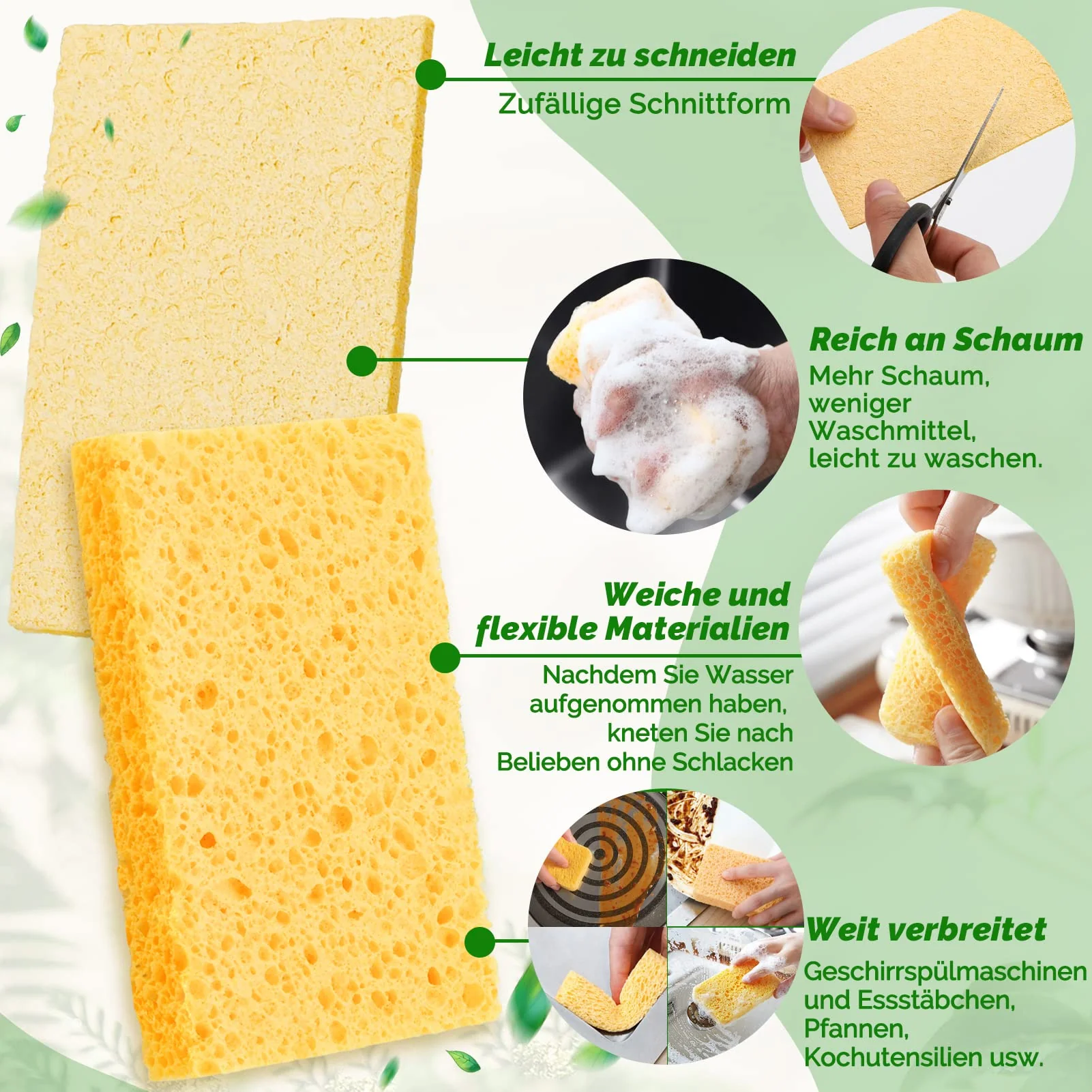 10 Stück Putzschwamm - 100 % natürliche Zellulose Küchenschwamm kratzfest wiederverwendbar komprimiert Reinigungsschwämme für Küche und Bad (Gelb) - Image 5