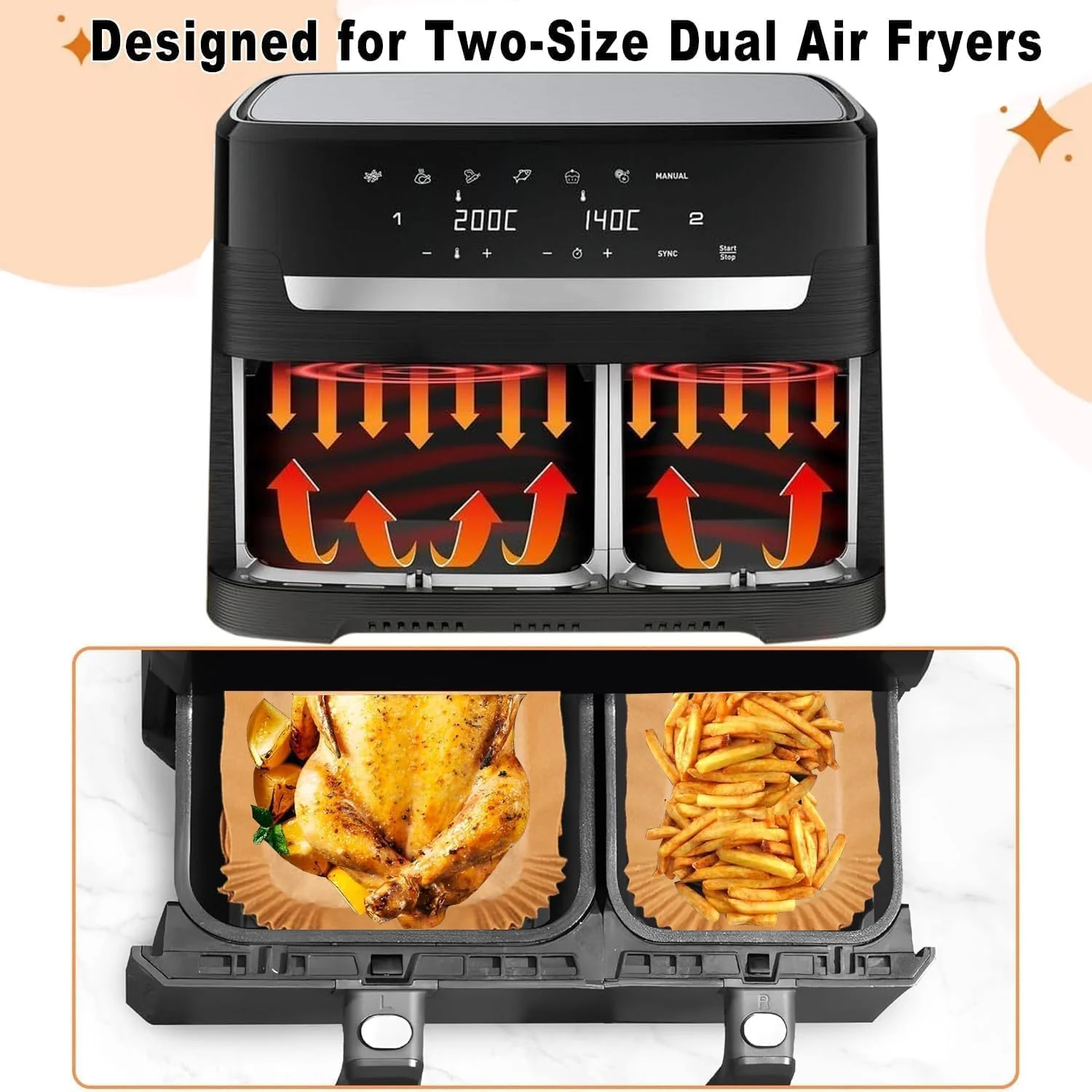 100 Stück Airfryer Backpapier für Philips Dual Basket Airfryer 3000-serie 6L/3L NA350/00, Backpapier für Heißluftfritteuse Hitzebeständig Antihaft Airfryer Zubehör, 50 Stück für 6L & 50 Stück für 3L - Image 5
