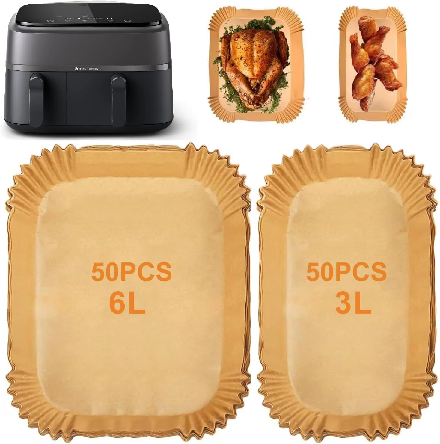 100 Stück Airfryer Backpapier für Philips Dual Basket Airfryer 3000-serie 6L/3L NA350/00, Backpapier für Heißluftfritteuse Hitzebeständig Antihaft Airfryer Zubehör, 50 Stück für 6L & 50 Stück für 3L - Image 7