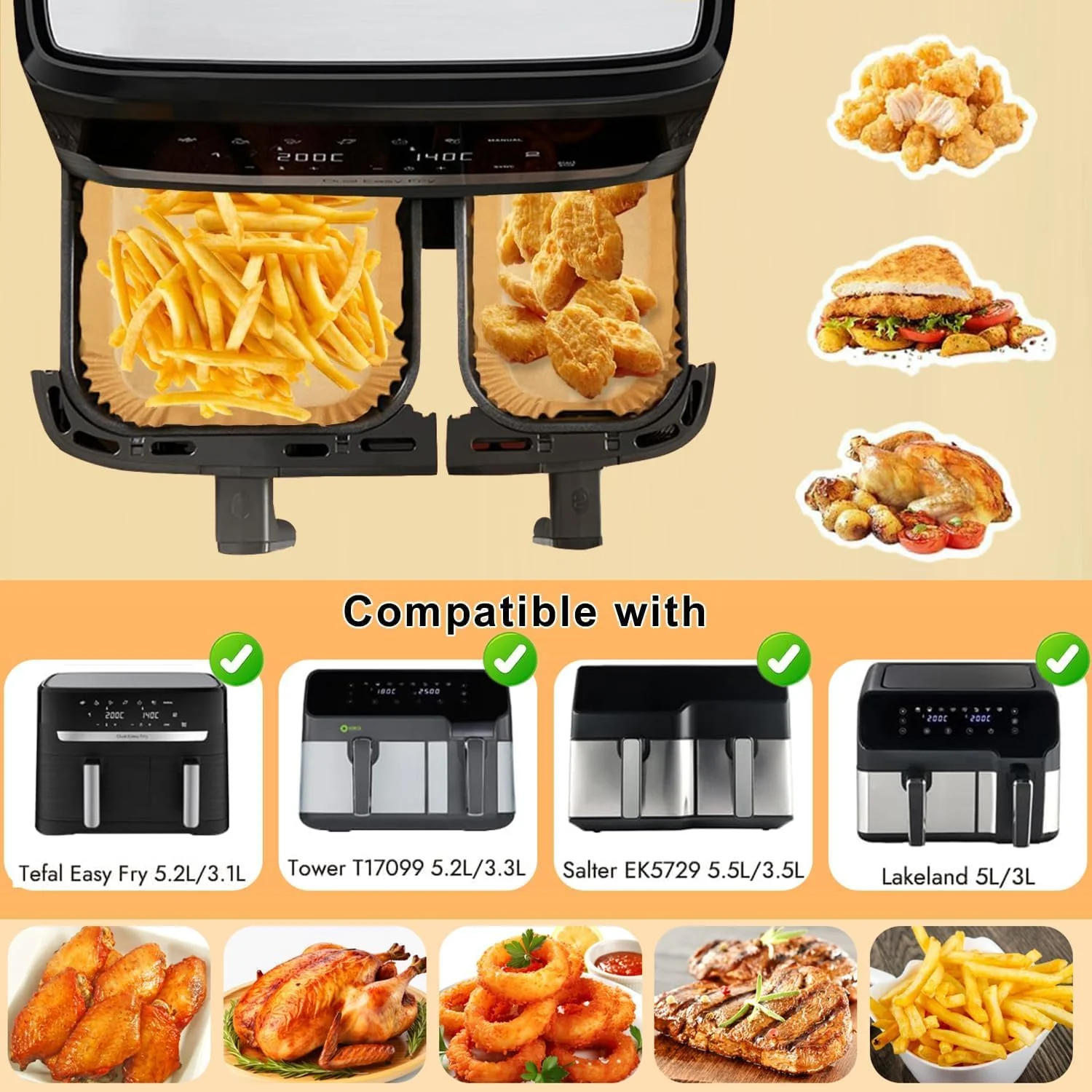 100 Stück Backpapier für Tefal EY9018 Dual Easy Fry EY905D 5,2/3,1 L, Backpapier für Heißluftfritteuse Philips Dual Basket Airfryer 3000-Serie, Moulinex 8,3 L, DMS, Cecotec, Luftfritteusen Zubehör - Image 6