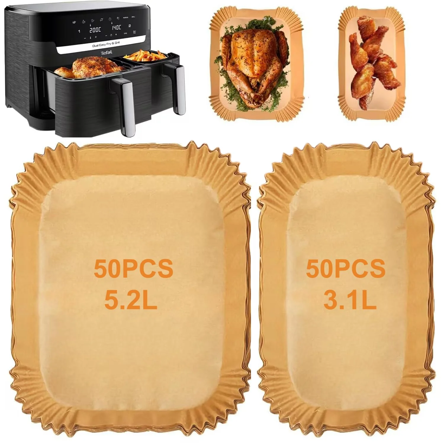 100 Stück Backpapier für Tefal EY9018 Dual Easy Fry EY905D 5,2/3,1 L, Backpapier für Heißluftfritteuse Philips Dual Basket Airfryer 3000-Serie, Moulinex 8,3 L, DMS, Cecotec, Luftfritteusen Zubehör - Image 7
