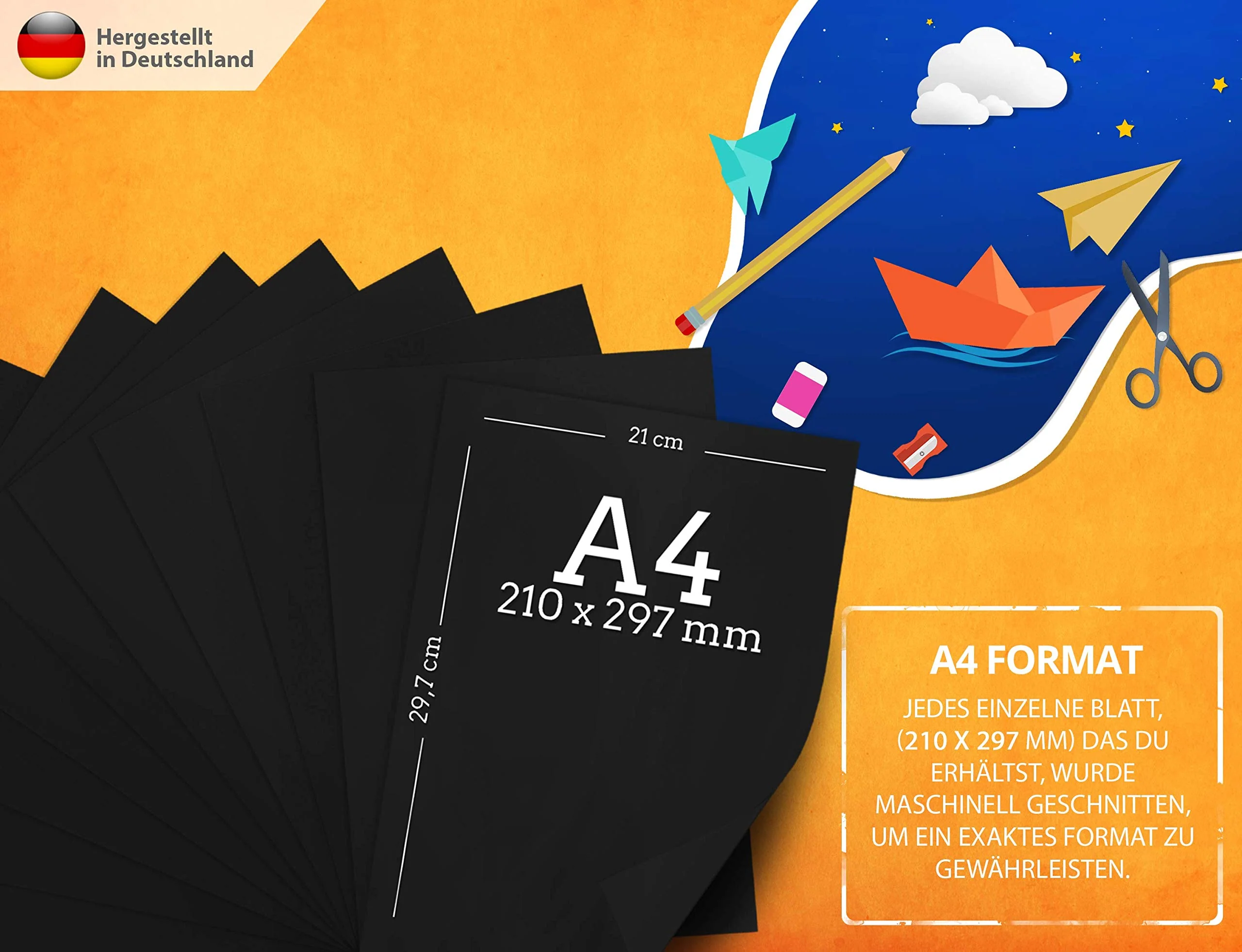 100 Stück Schwarz TONZEICHENpapier A4 – 130g stark – Schwarze Blätter – Bastel Bogen - Vollschwarz – Stabiles Zeichenpapier, Pappe zum Basteln, Zeichenkarton - DIY - Kreativ Zubehör für Fotoalben - Image 8