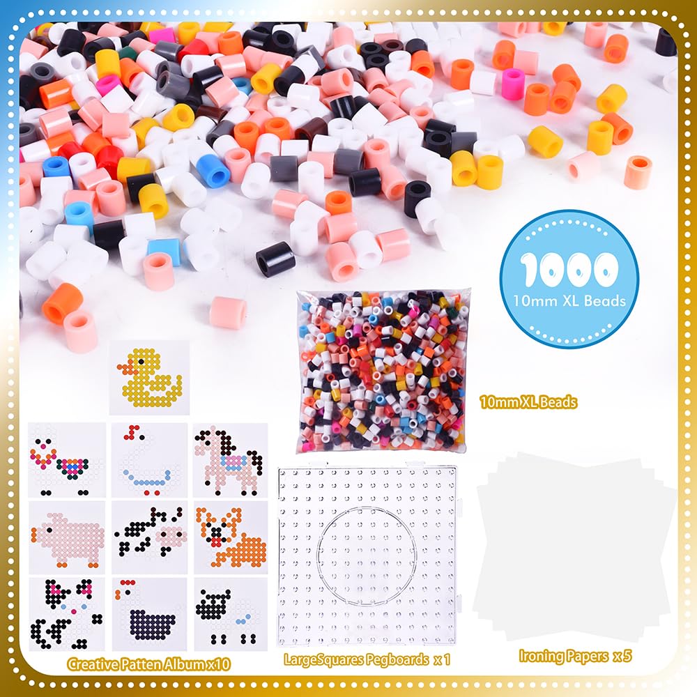 1000 Maxi XL 10mm Bügelperlen Set Bauernhof, 1 Maxi Stiftplatte, 1000 Bunte Bügelperlen, 10 Papiervorlagen, 3x Bügelpapier Kreativer Bastelspaß für Kinder ab 3 Jahren. - Image 8