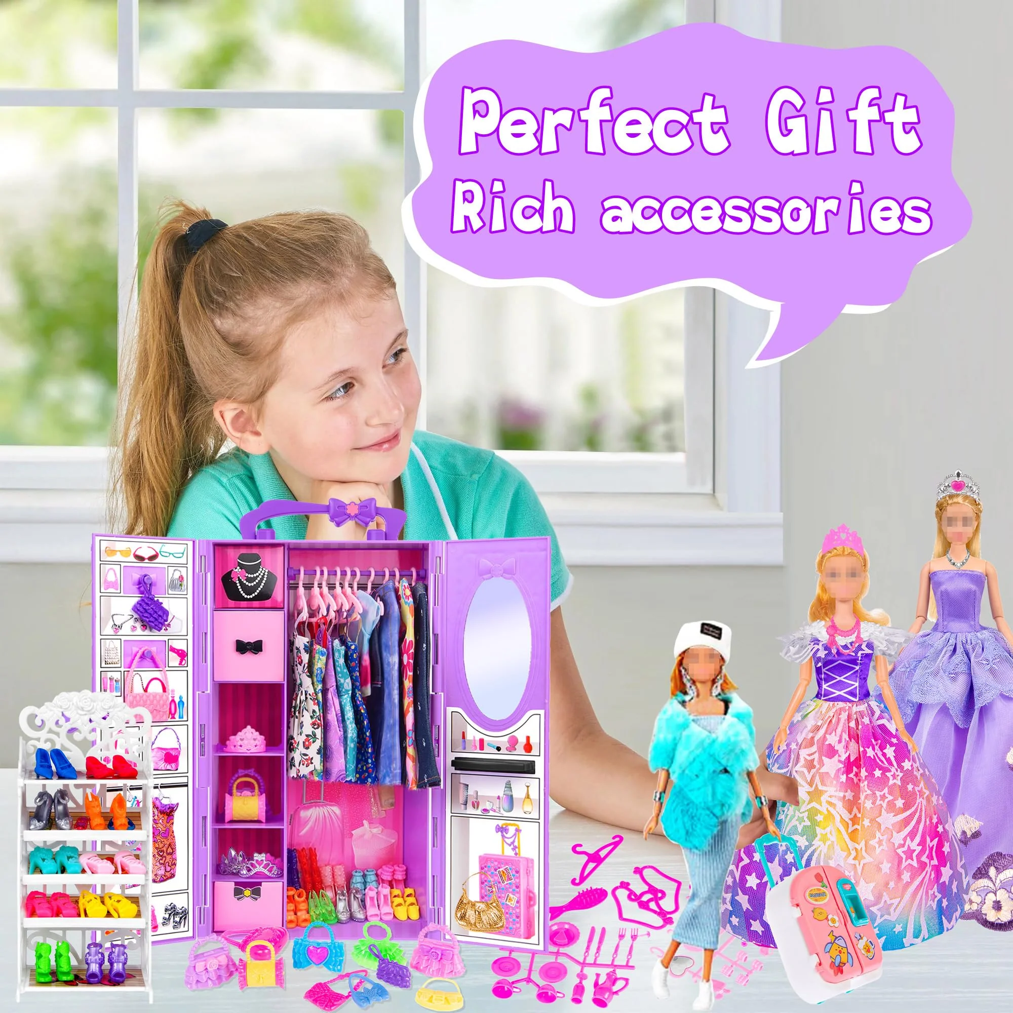 107pcs 11.5 Zoll Mädchen Puppe mit Kleidung Zubehör und Schrank, Gepäck, Schal mit Kleid, Prinzessin Kleider, Mode Kleider, Outfits, Schuhe... Puppe Dress Up Spielzeug für Mädchen (einschließen Puppe) - Image 2