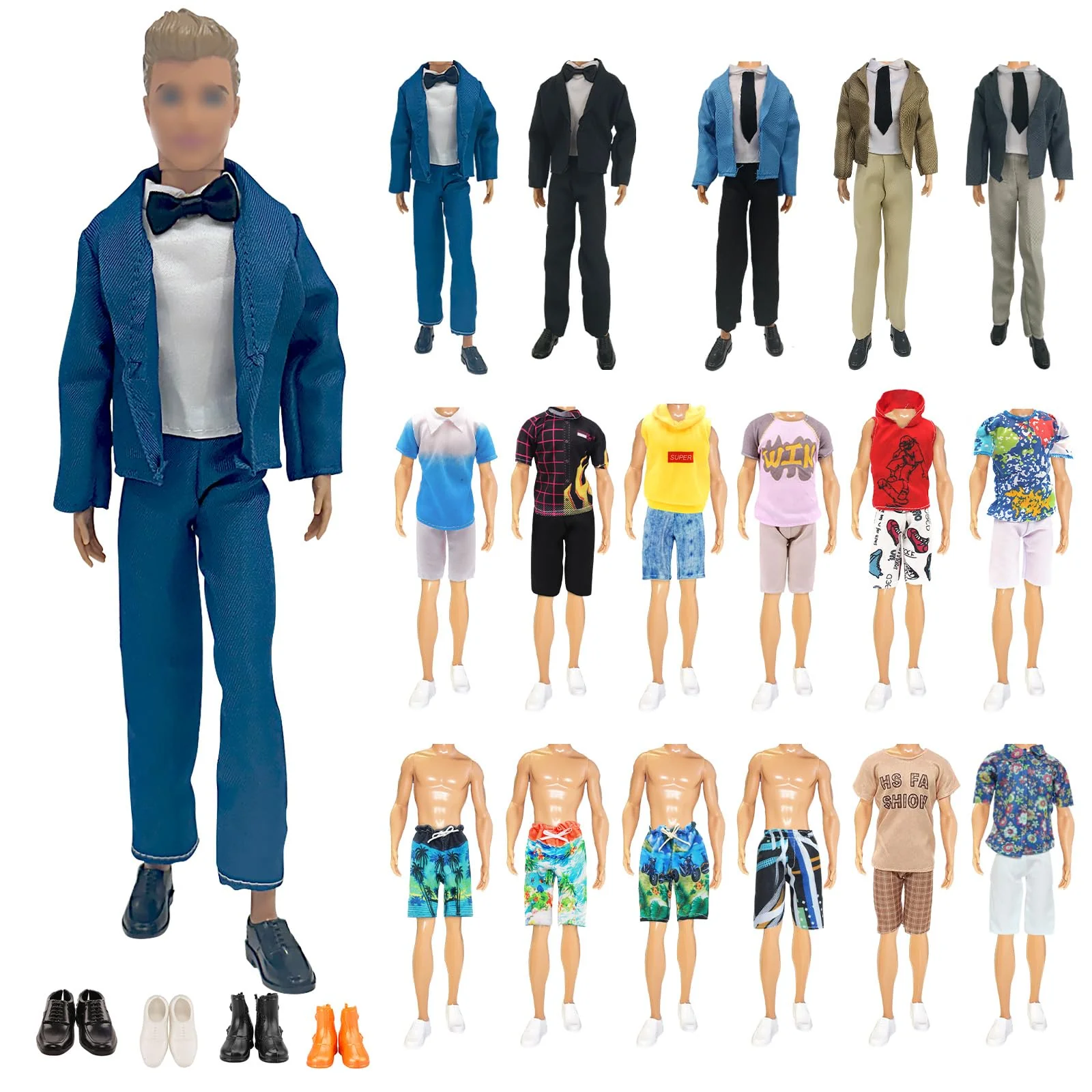 12 Kleidung und Zubehör Kompatibel mit Ken = 2 Sets Anzug + 2 Kurze Ärmel + 2 Shorts + 2 Badehose + 4 Schuhe, für 12 Zoll Jungen Puppen in Zufallsauswahl