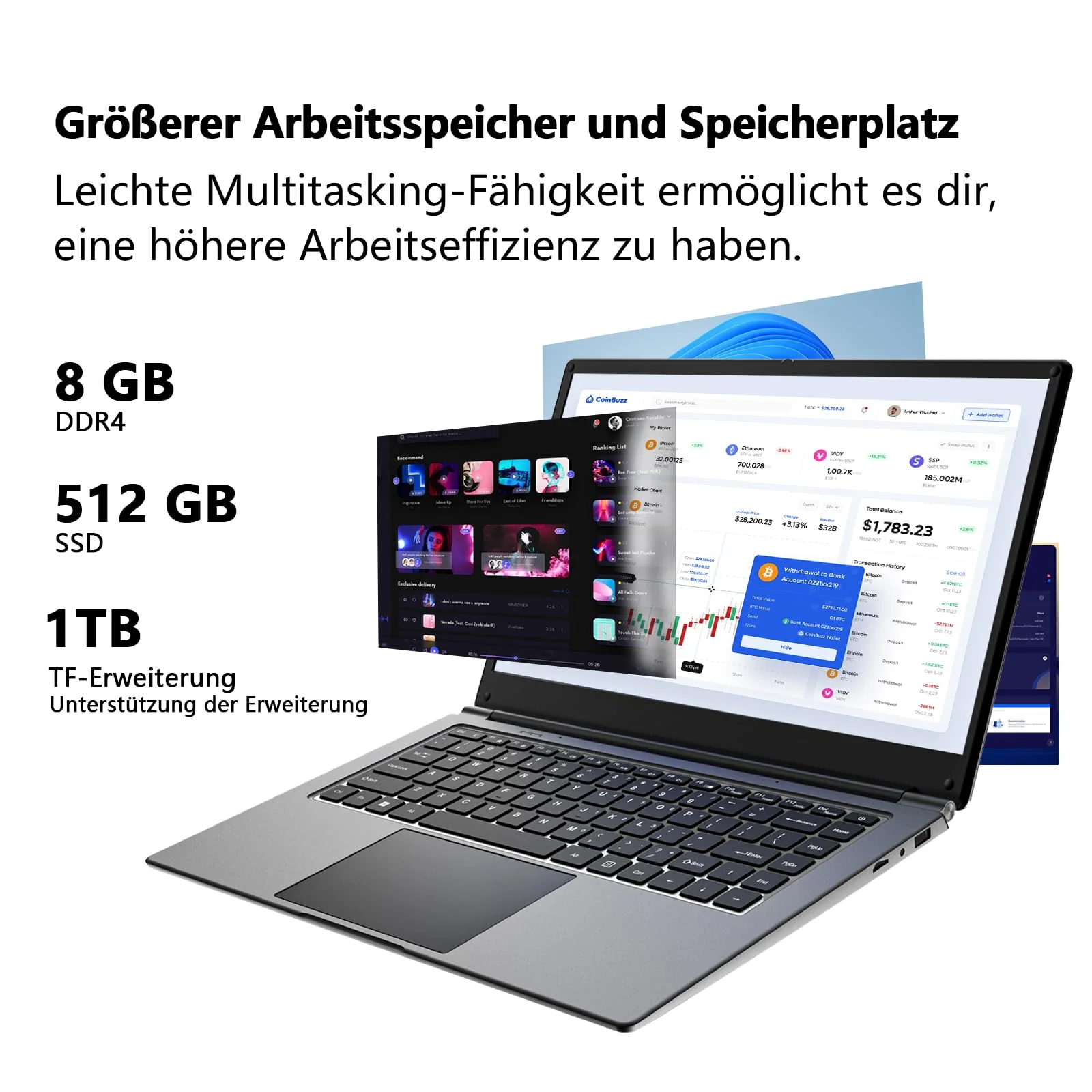 16-Zoll-Laptop, tragbarer Laptop mit 8GB DDR und 512GB SSD,erweiterbar auf 1 TB.Pentium-Quad-Core-Prozessor bis zu 2,64 GHz.9000-mAh-Akku.Mini-HDMI-Schnittstelle.Dualband-WLAN.Webcam.Schlanke Laptops - Image 2