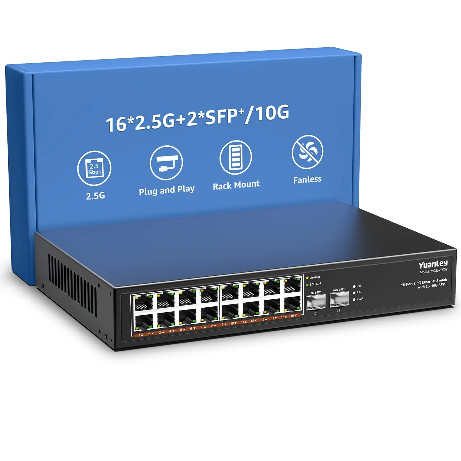 18 Port 2.5G Umanaged Ethernet Switch, 16 x 2.5G Base-T Ports, 2 x 10G SFP, 10/100/1000M Kompatibel, Metall Lüfterlos, Desktop/Rackmontage YuanLey 2.5Gbe Netzwerk Switch für Wireless AP, NAS, PC