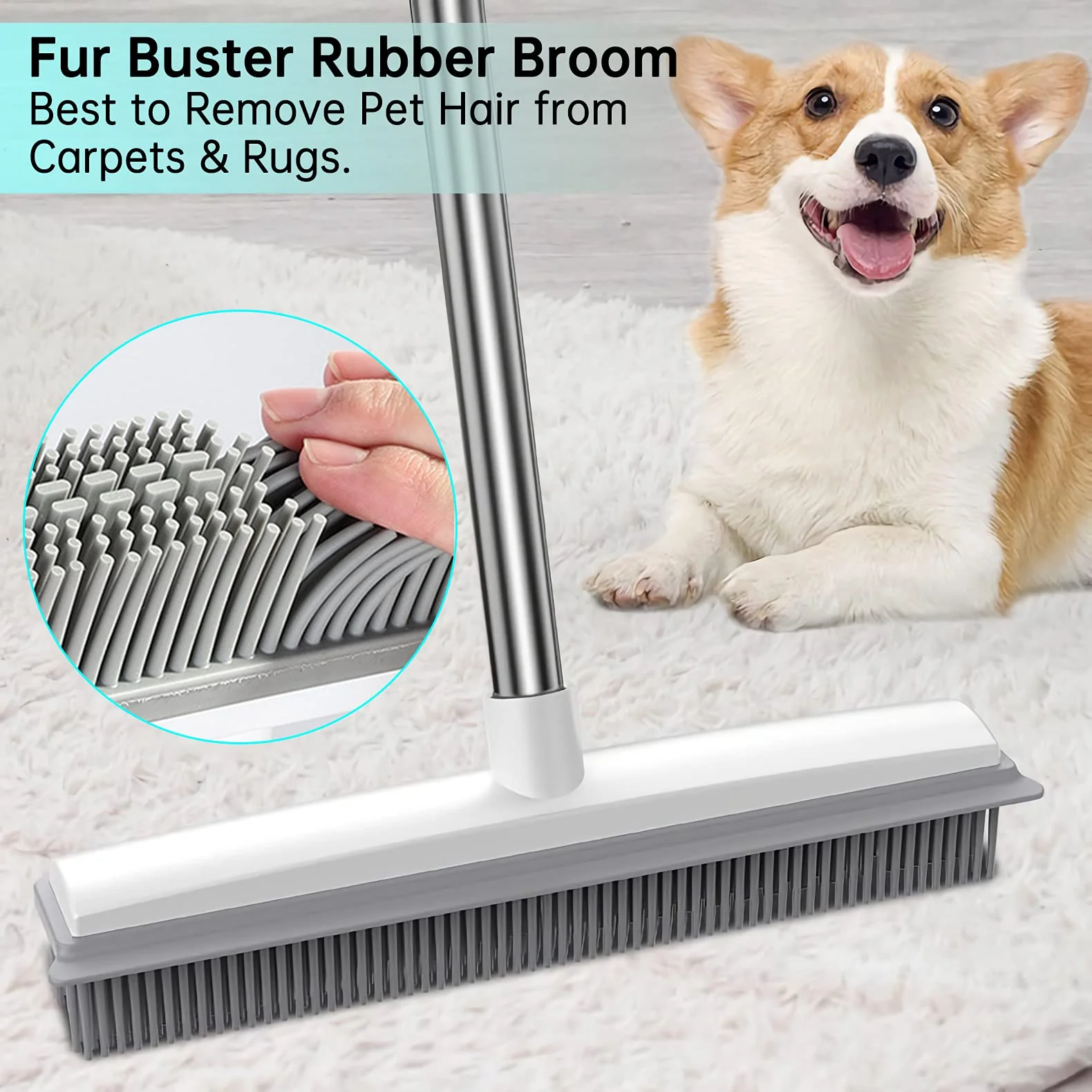 2 in 1 Gummibesen mit Stiel, 156cm Langen Stiel Besen zum Entfernen von Tiere Katzen Hunde Haare Teppichbürste Bodenbürste Kehrbesen für Innen- und Außenbereich Schrubber mit Wasserabziehkante - Image 3