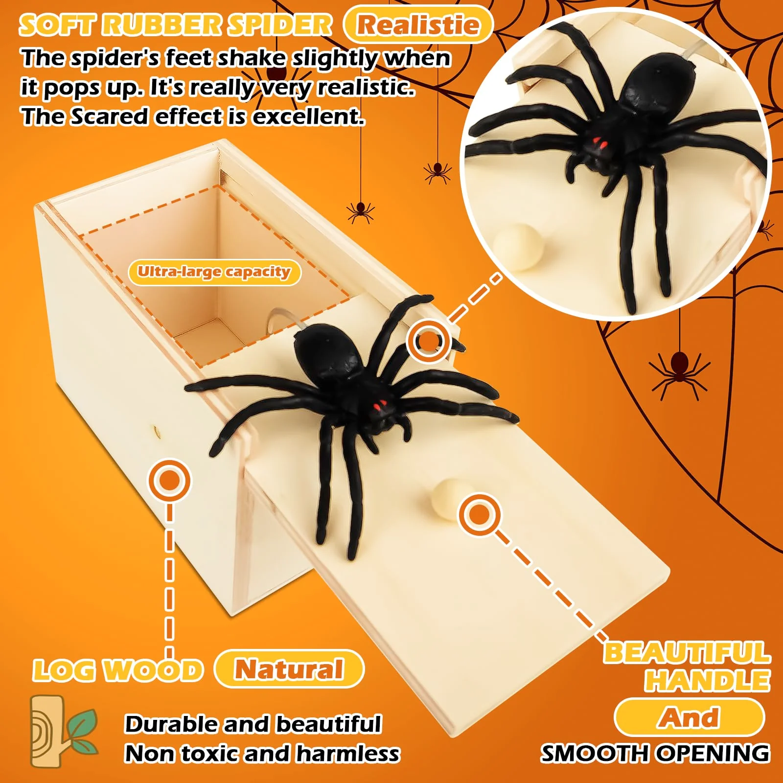 2 Stück Spider Prank Box, Spinne Scherzartikel, Spinne Streich Box Holz, Holz Prank Spider Scare Box Streich Spinne Angst Box Streichschachtel für Kinder Erwachsene Party Favors - Image 5