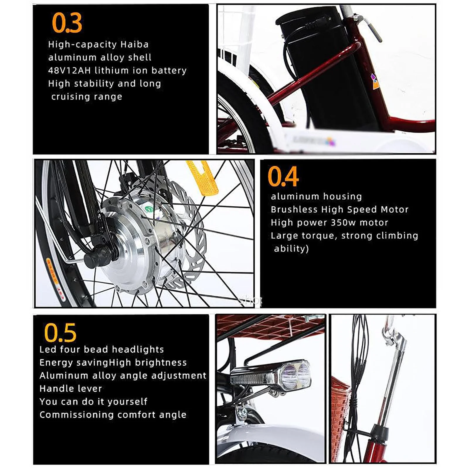 20″ Elektro Dreirad FüR Erwachsene, 7-Gang 3-Rad Elektrofahrrad, Mit Herausnehmbarem 48V 12Ah Akku (35–45 Km Reichweite), Verstellbarem Sitz (80–92 cm), Mit Scheinwerfer + Hupe B - Image 3