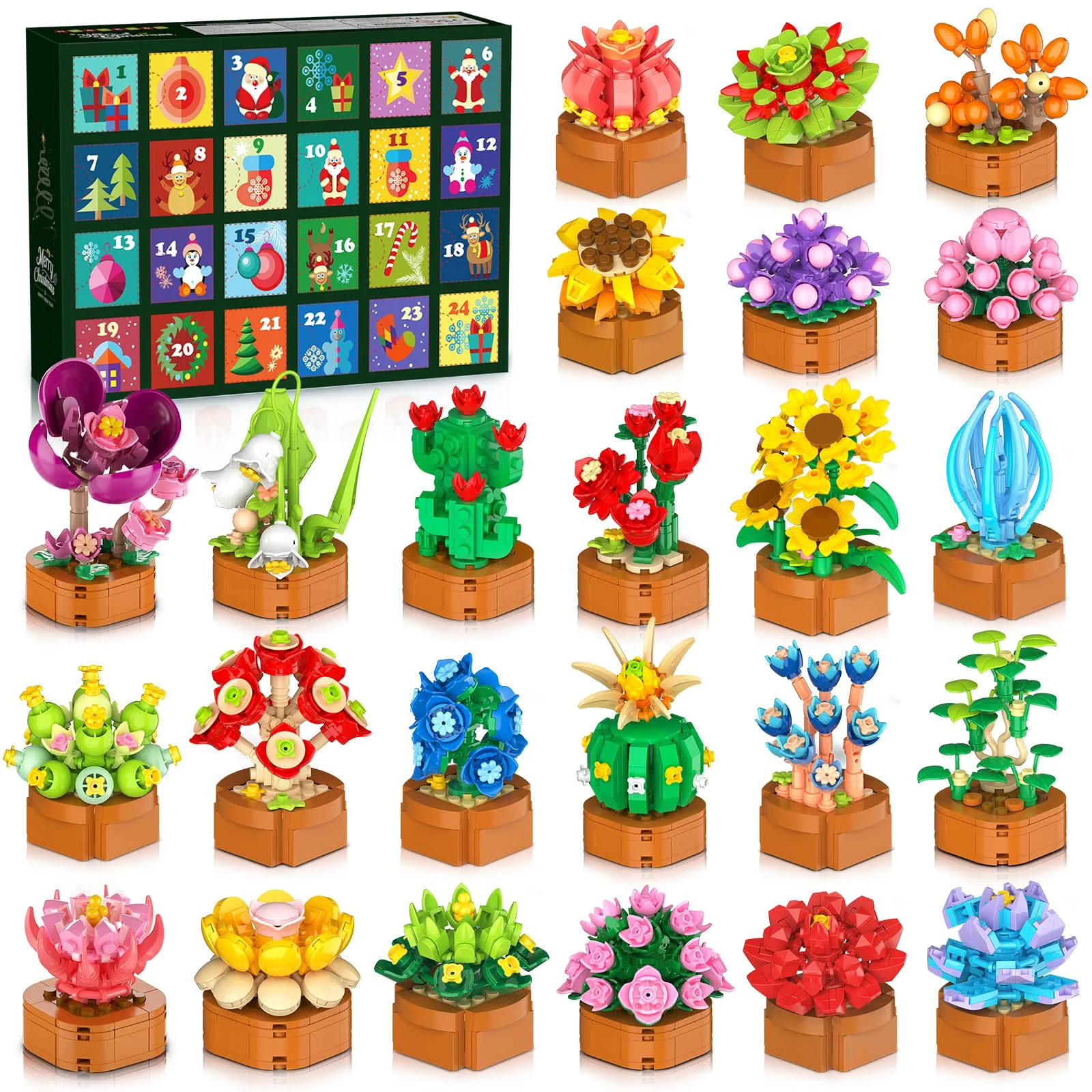 2025 Adventskalender Blumen Sukkulenten 3,6 Mini Bausatz – 24 Tage Countdown Kalender, Weihnachts Botanik Kollektion Heimdekoration Klemmbausteine für Erwachsene Frauen Kinder Mädchen Jungen ab 10+
