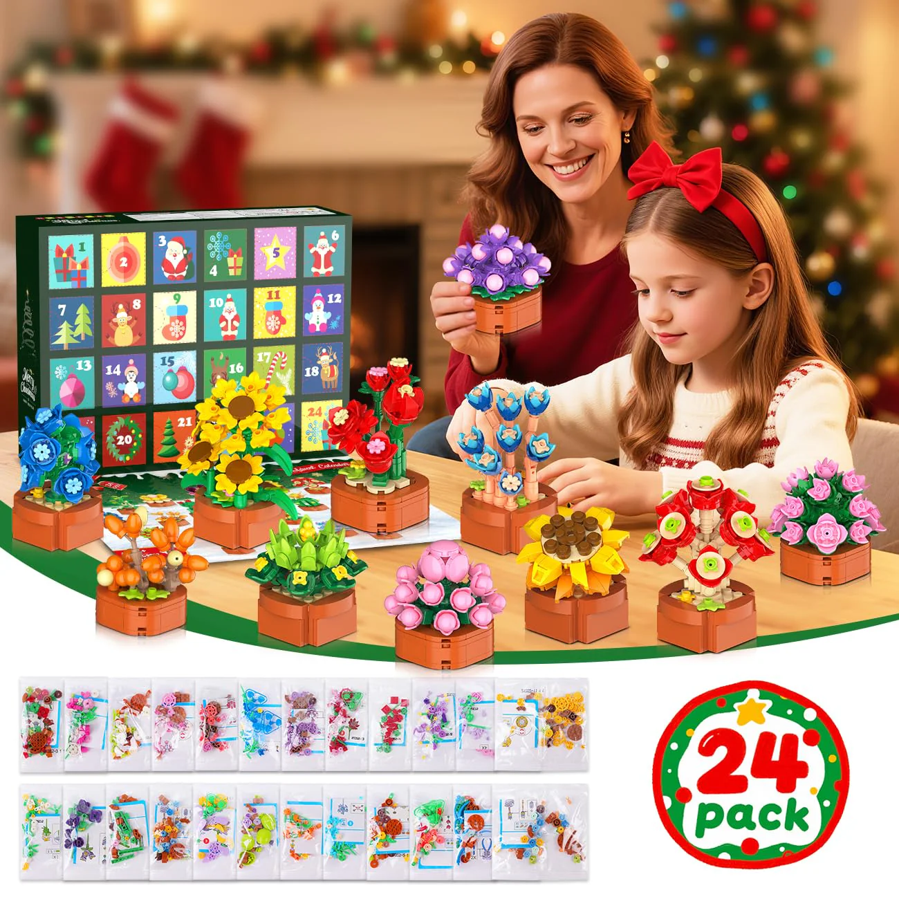 2025 Adventskalender Blumen Sukkulenten 3,6 Mini Bausatz – 24 Tage Countdown Kalender, Weihnachts Botanik Kollektion Heimdekoration Klemmbausteine für Erwachsene Frauen Kinder Mädchen Jungen ab 10+ - Image 6