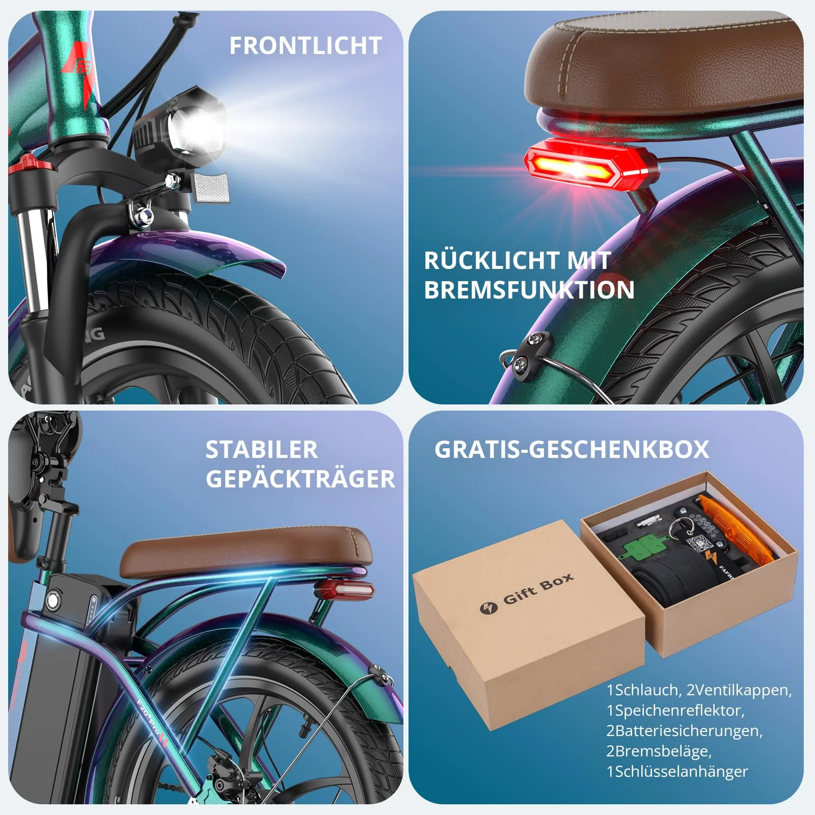 2025 Ebike F20 Pro+ Fatbike Faltrad 20 Zoll mit 36V 22.5AH Akku Damen Ebike Herren 250W, Erwachsene Fatbike Elektromobilrad 140kg, E Mountainbike 20°, Ebike 25km/ (Hecktasche, Buntes Grün) - Image 2