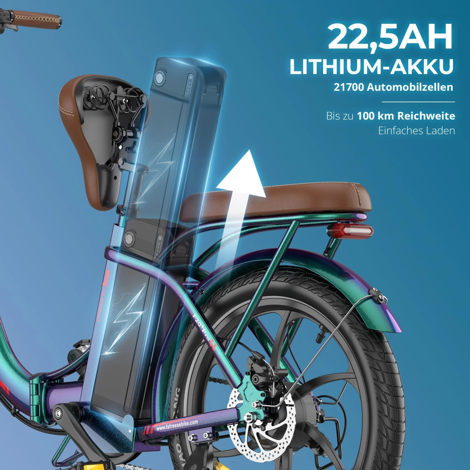 2025 Ebike F20 Pro+ Fatbike Faltrad 20 Zoll mit 36V 22.5AH Akku Damen Ebike Herren 250W, Erwachsene Fatbike Elektromobilrad 140kg, E Mountainbike 20°, Ebike 25km/ (Hecktasche, Buntes Grün) - Image 7