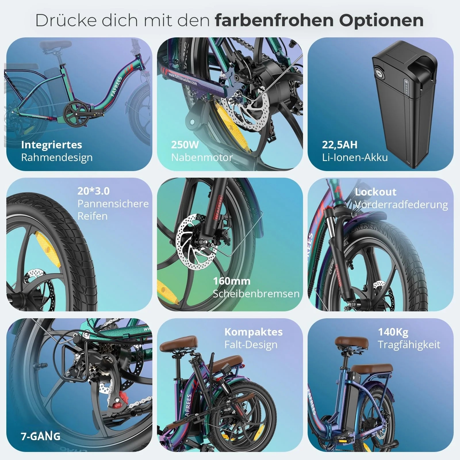 2025 Ebike F20 Pro+ Fatbike Faltrad 20 Zoll mit 36V 22.5AH Akku Damen Ebike Herren 250W, Erwachsene Fatbike Elektromobilrad 140kg, E Mountainbike 20°, Ebike 25km/ (Hecktasche, Buntes Grün) - Image 8