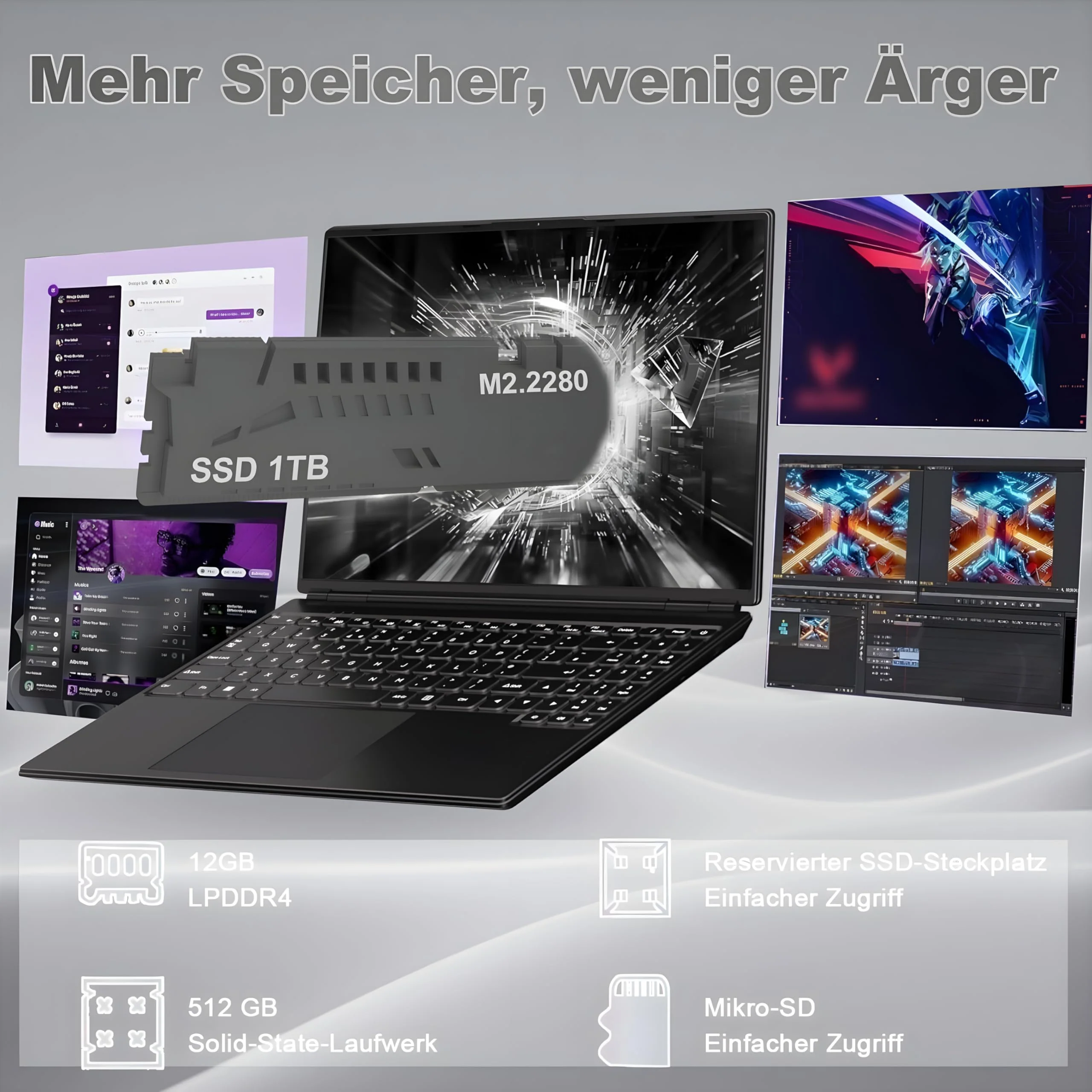 2025 Gaming Laptop 16 Zoll Win11 12+512GB SSD Unterstützung 2TB(HDD-2TB) 1920x1200 Notebook 4-Core Celeron N5095 (bis 2.9GHz) Laptop mit Nummerntastatur WiFi Mini HDMI Deutscher Tastaturschutz-Schwarz - Image 8