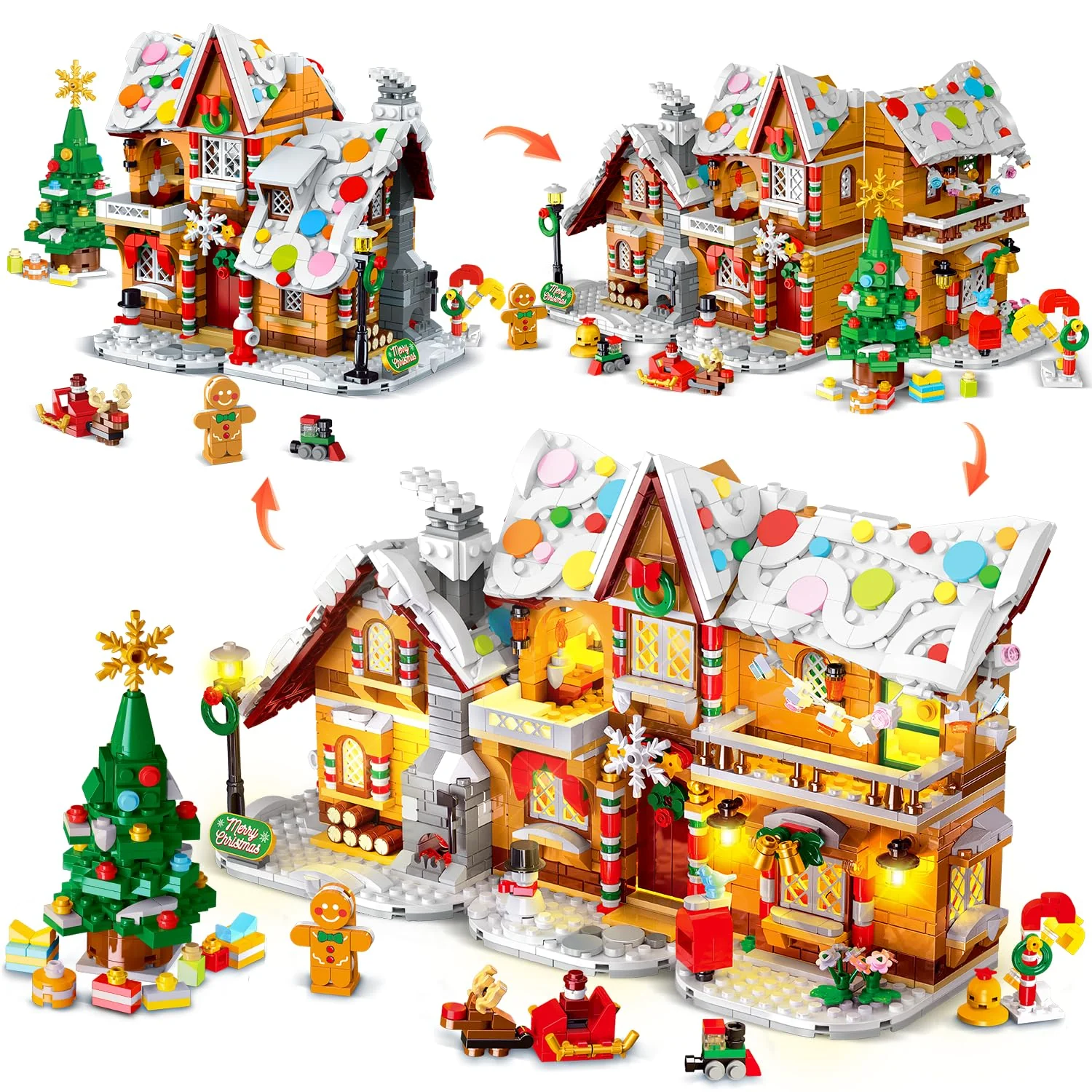 2025 Weihnachts Lebkuchenhaus Bausatz mit Licht – 3 Stilmodi Weihnachtsdorf Bausteine mit Weihnachtsmann Weihnachtsbaum Zug –Weihnachts Klemmbausteine für Erwachsene Kinder Jahren 6+（1477Stück）