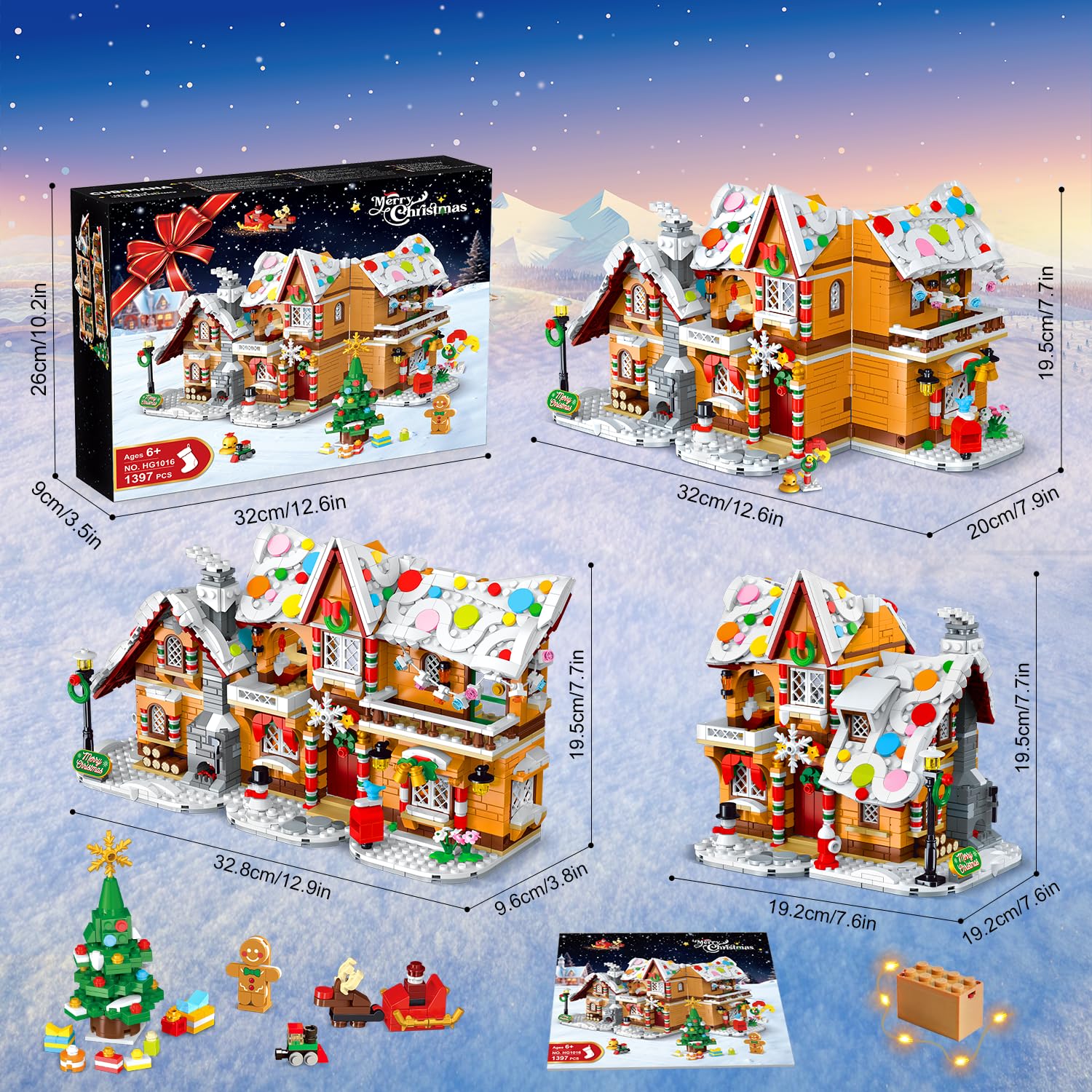 2025 Weihnachts Lebkuchenhaus Bausatz mit Licht – 3 Stilmodi Weihnachtsdorf Bausteine mit Weihnachtsmann Weihnachtsbaum Zug –Weihnachts Klemmbausteine für Erwachsene Kinder Jahren 6+（1477Stück） - Image 4