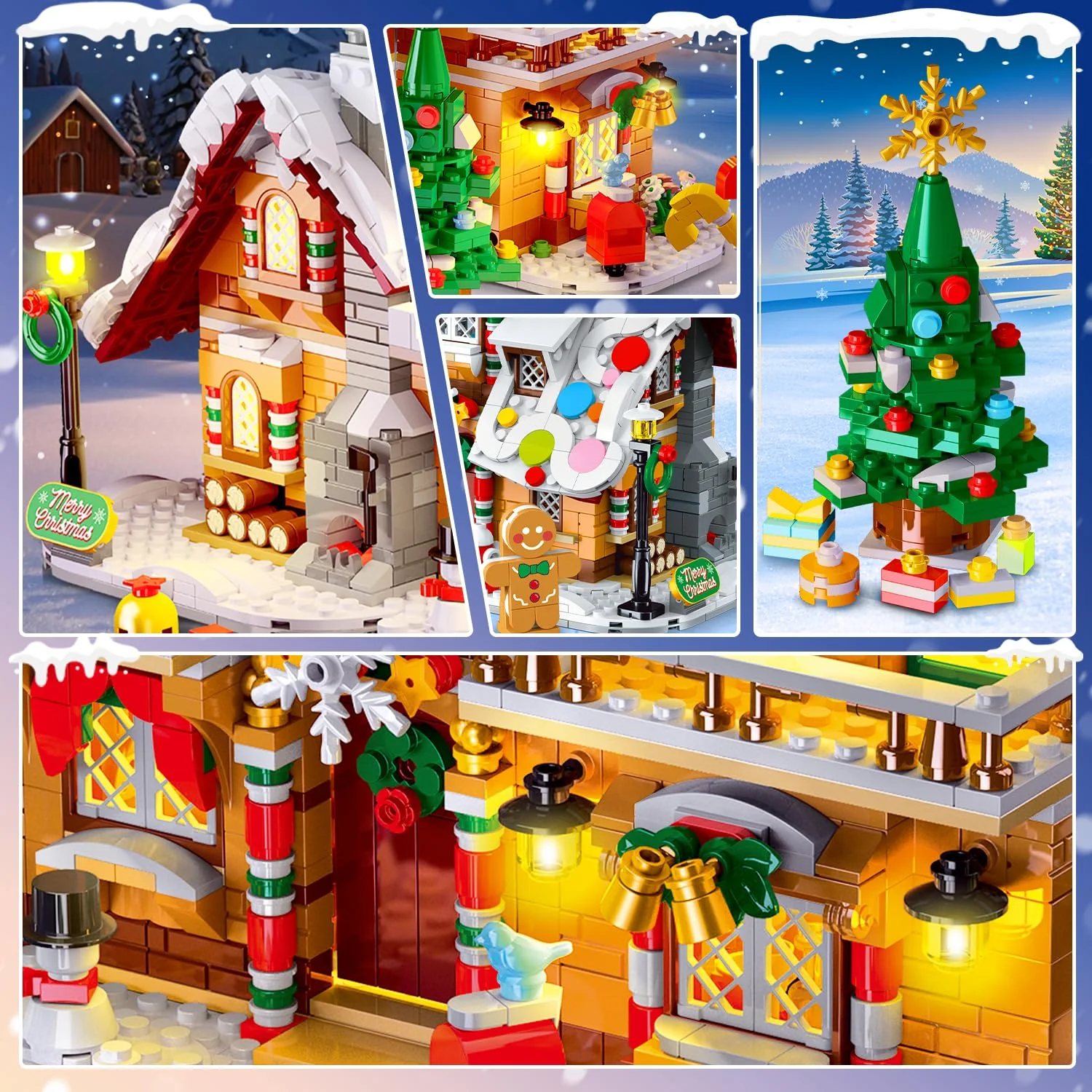 2025 Weihnachts Lebkuchenhaus Bausatz mit Licht – 3 Stilmodi Weihnachtsdorf Bausteine mit Weihnachtsmann Weihnachtsbaum Zug –Weihnachts Klemmbausteine für Erwachsene Kinder Jahren 6+（1477Stück） - Image 6