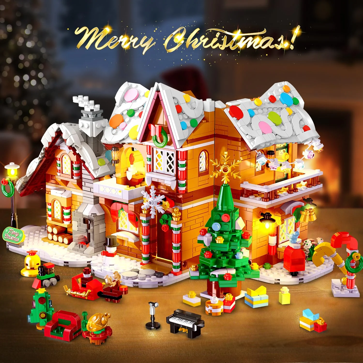 2025 Weihnachts Lebkuchenhaus Bausatz mit Licht – 3 Stilmodi Weihnachtsdorf Bausteine mit Weihnachtsmann Weihnachtsbaum Zug –Weihnachts Klemmbausteine für Erwachsene Kinder Jahren 6+（1477Stück） - Image 7