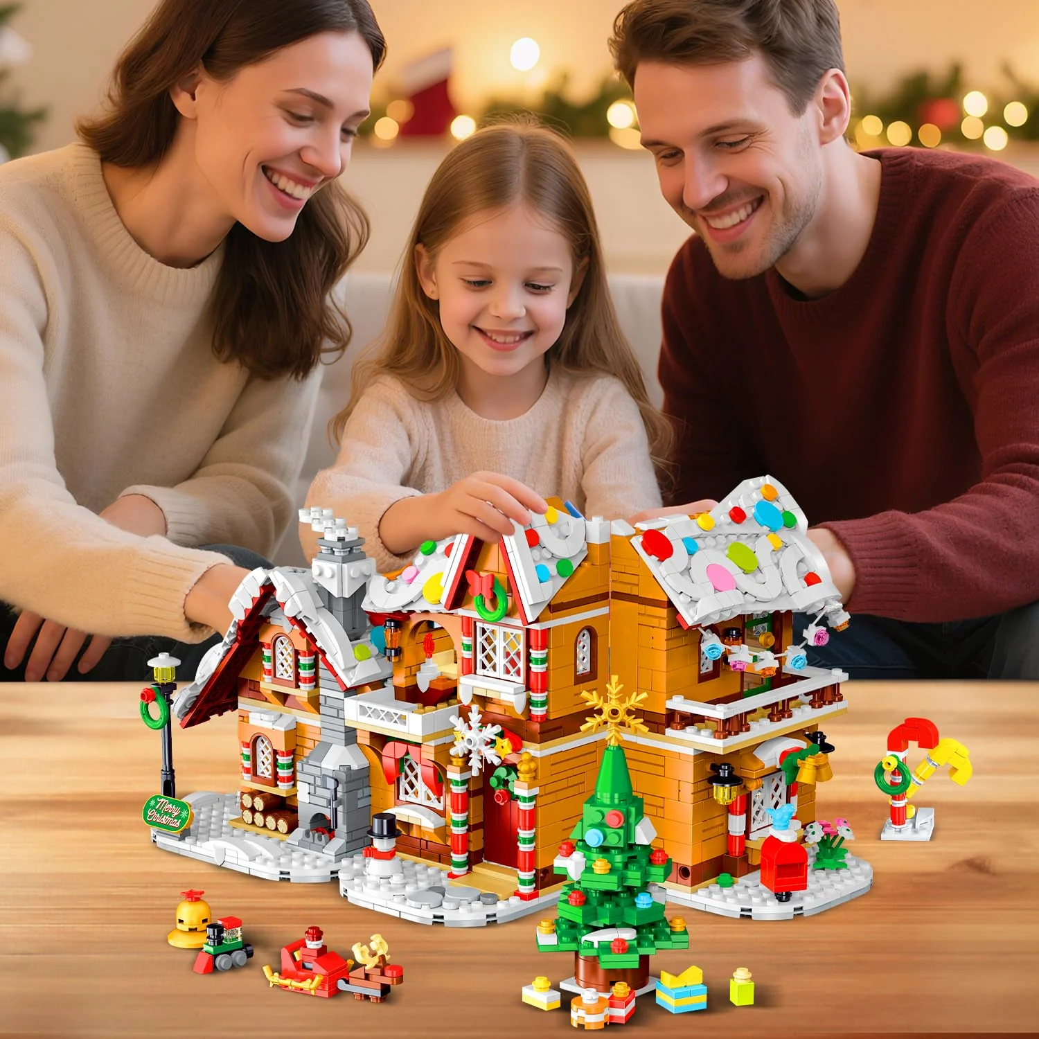 2025 Weihnachts Lebkuchenhaus Bausatz mit Licht – 3 Stilmodi Weihnachtsdorf Bausteine mit Weihnachtsmann Weihnachtsbaum Zug –Weihnachts Klemmbausteine für Erwachsene Kinder Jahren 6+（1477Stück） - Image 8