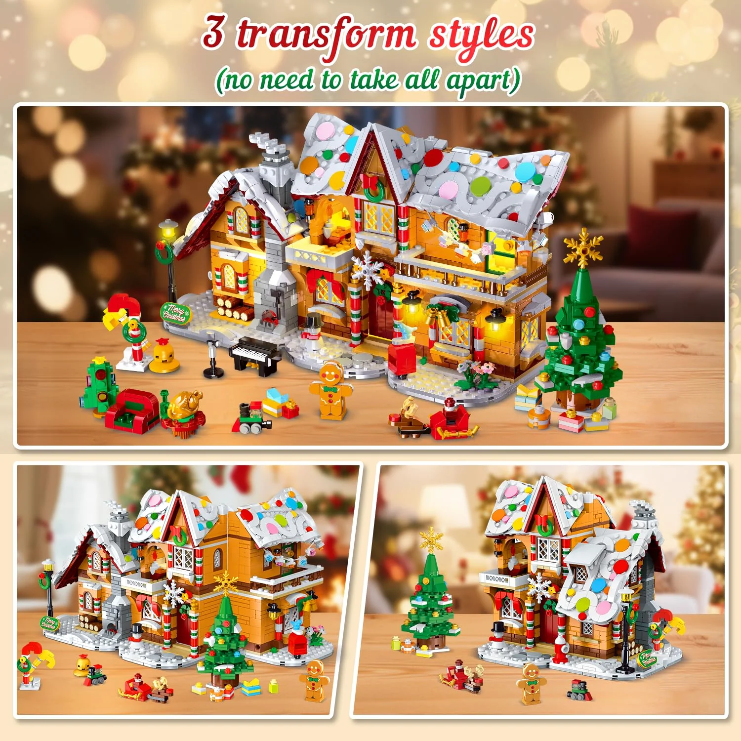 2025 Weihnachts Lebkuchenhaus Bausatz mit Licht – 3 Stilmodi Weihnachtsdorf Bausteine mit Weihnachtsmann Weihnachtsbaum Zug –Weihnachts Klemmbausteine für Erwachsene Kinder Jahren 6+（1477Stück） - Image 9