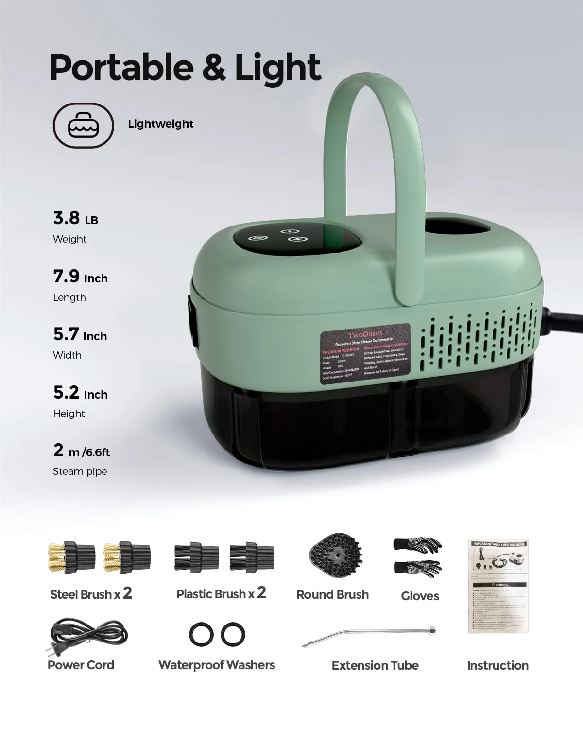 2500W Dampfreiniger Handgerät, Hochtemperatur-Druck Dampfreinigungsmaschine,Steam Cleaner for Home, Handdampfreiniger mit Bürstenköpfen, Tragbarer Dampfreiniger für Küchenmöbel Badezimmer Auto (grün) - Image 7
