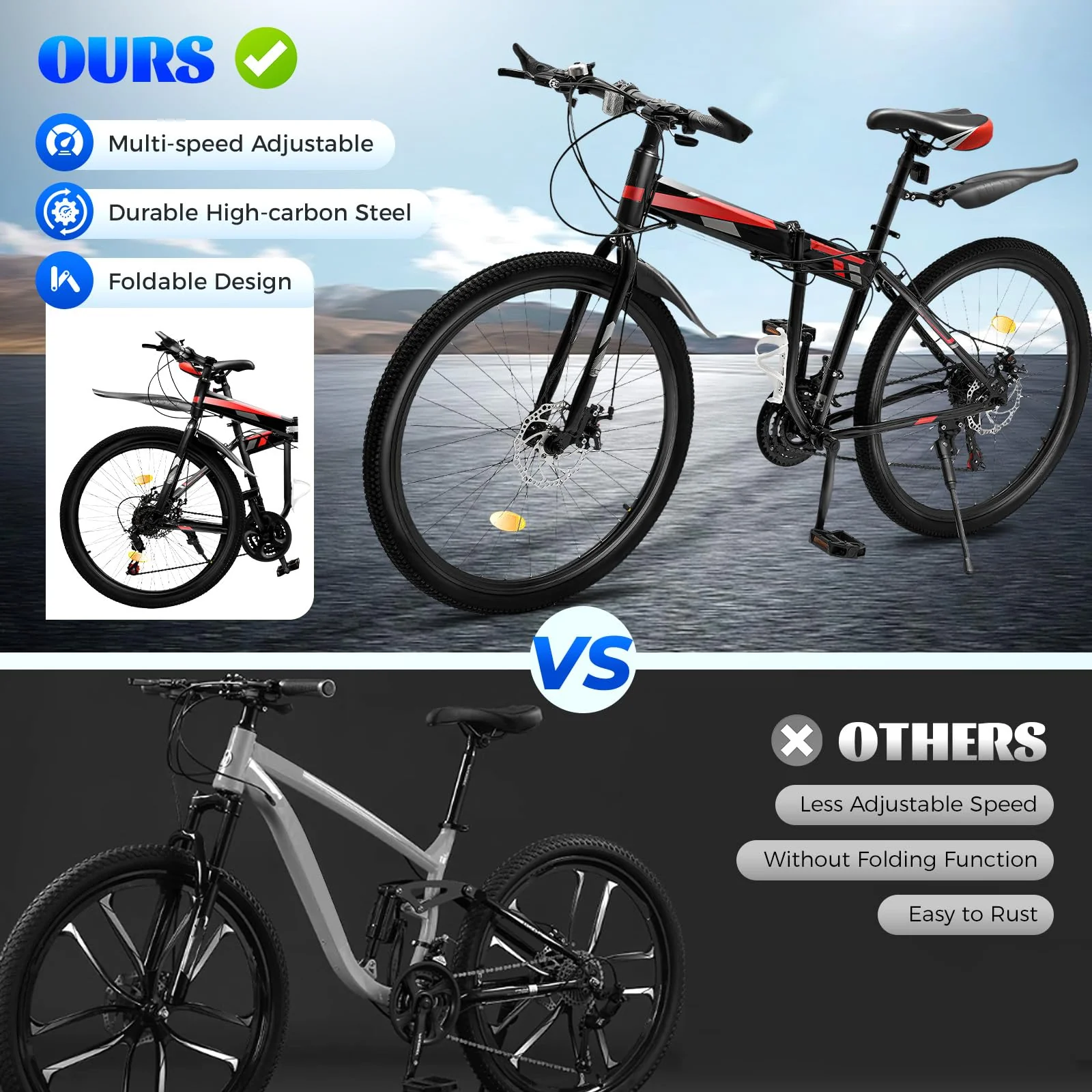 26 Zoll Faltrad 21 Gang MTB Mountainbike Faltrad Junior Fahrrad, geeignet für Outdoor-Touren Wandern, große Hilfe für Radfahren Enthusiasten (Schwarz/Rot) - Image 5