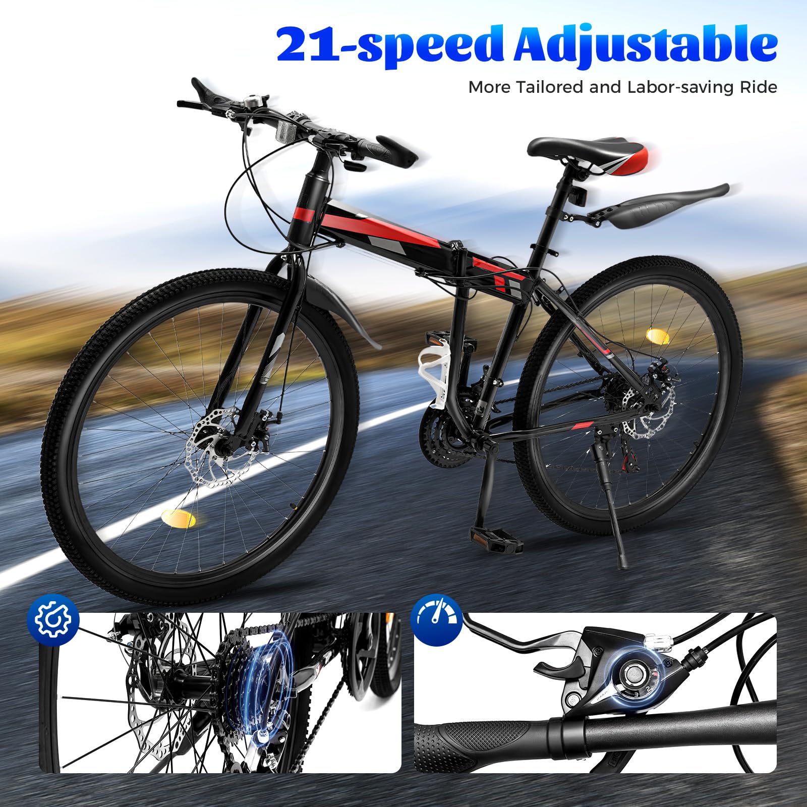 26 Zoll Faltrad 21 Gang MTB Mountainbike Faltrad Junior Fahrrad, geeignet für Outdoor-Touren Wandern, große Hilfe für Radfahren Enthusiasten (Schwarz/Rot) - Image 6