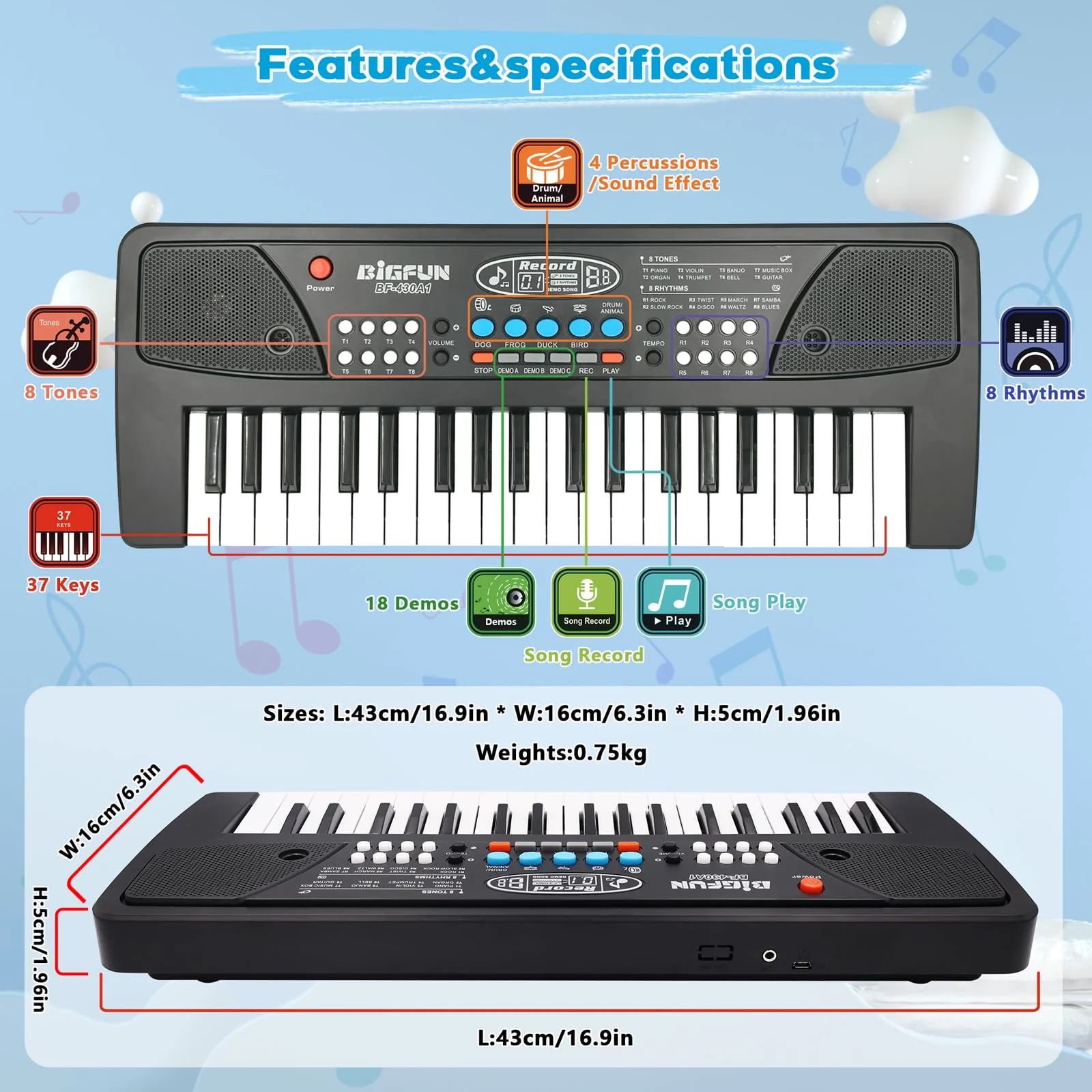 37 Tasten Kinder Klavier mit Mikrofon,Klavier Keyboard Kinder,Einführendes Musiktraining,Elektronische Keyboard für Kinder ab 3 4 5 6 7 8 Jahren,Geschenke für Jungen Mädchen Anfänger - Image 6