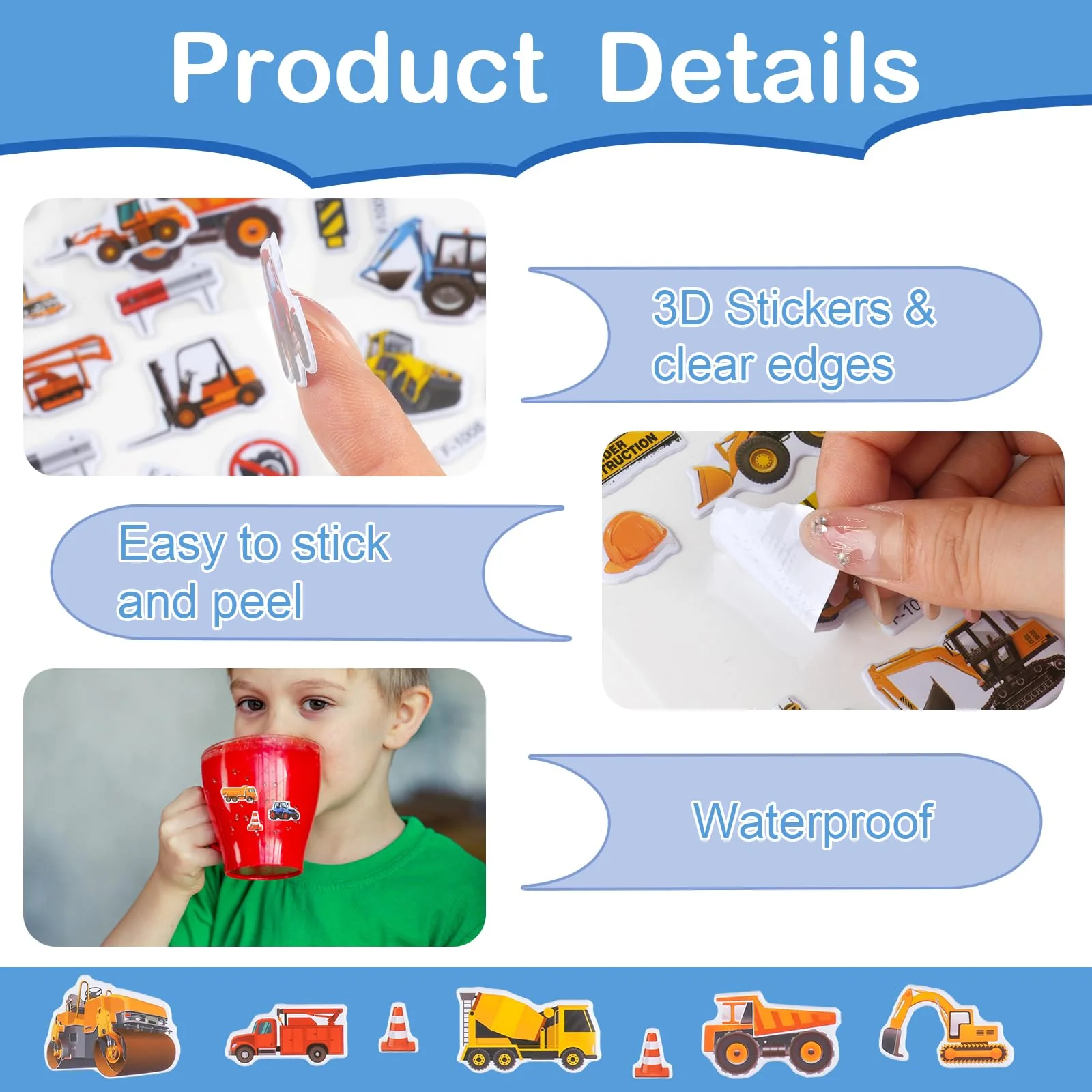 3D Aufkleber für Kinder & Kleinkinder, Auto Bagger Sticker 12 Blätter, Geschwollen Stickers für Jungen Mädchen Lehrer, Kindergeburtstag Gastgeschenke Party (17 * 7cm) - Image 5