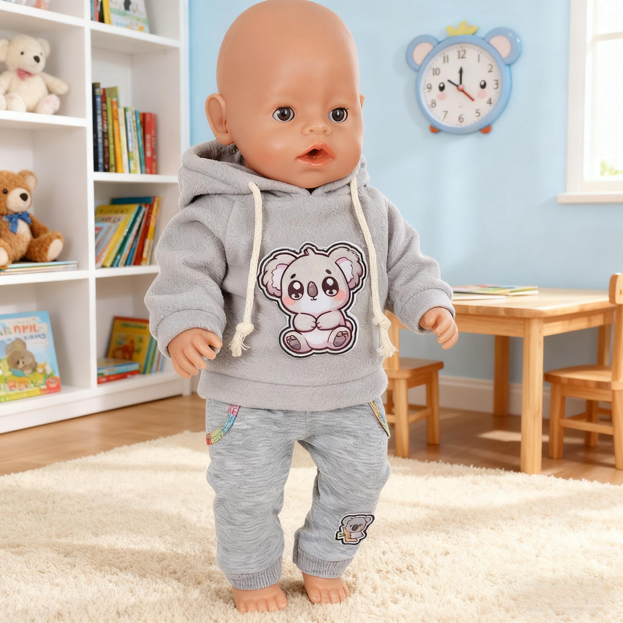 4 Stück Puppenkleidung für 14–18 Zoll große Babypuppen, 35-45cm Baby Puppen Outfits mit Koala, 43cm Süße PuppenKleidung Zubehör mit grau Koalahoodie + Hose + Socken + Kleiderbügel - Image 3