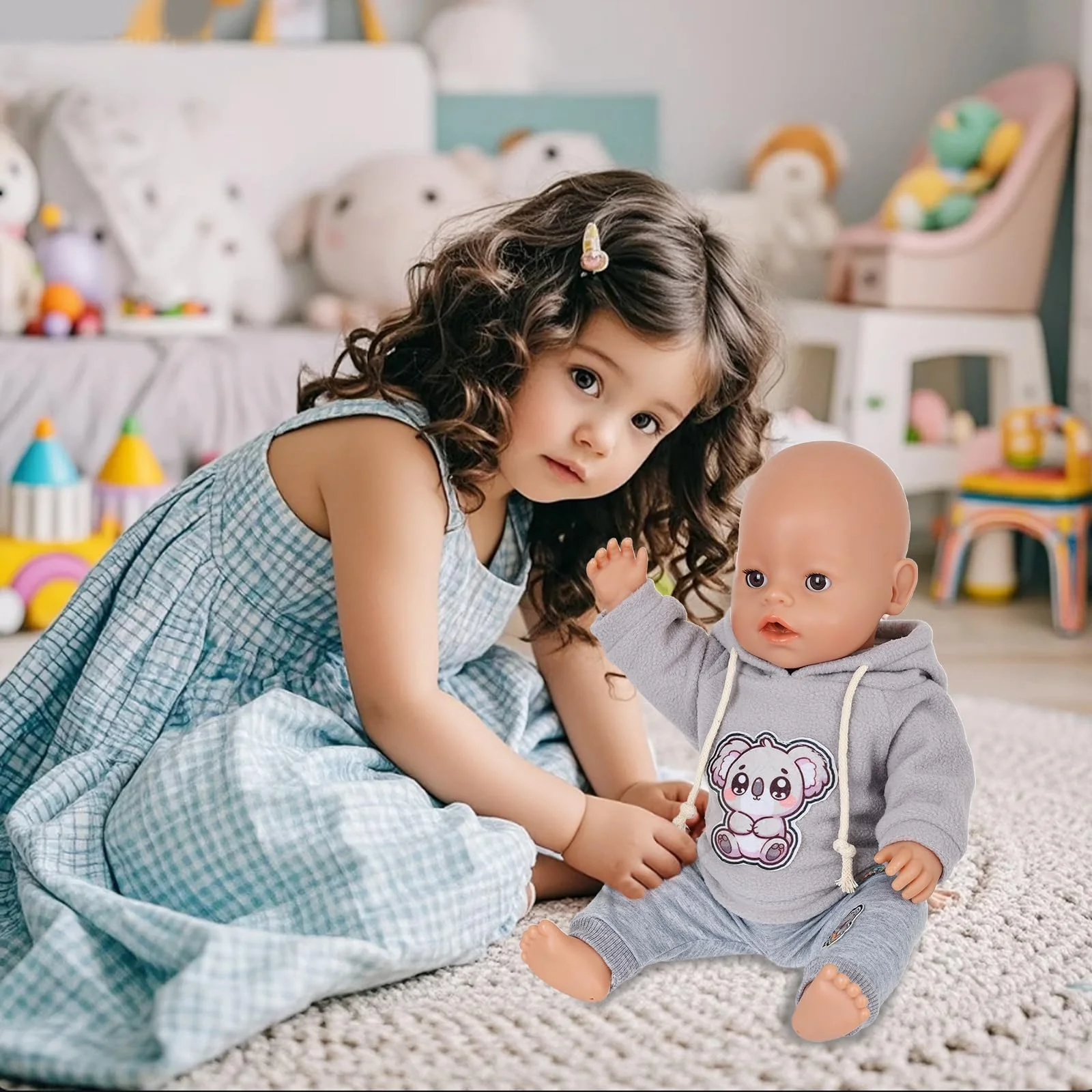 4 Stück Puppenkleidung für 14–18 Zoll große Babypuppen, 35-45cm Baby Puppen Outfits mit Koala, 43cm Süße PuppenKleidung Zubehör mit grau Koalahoodie + Hose + Socken + Kleiderbügel - Image 4