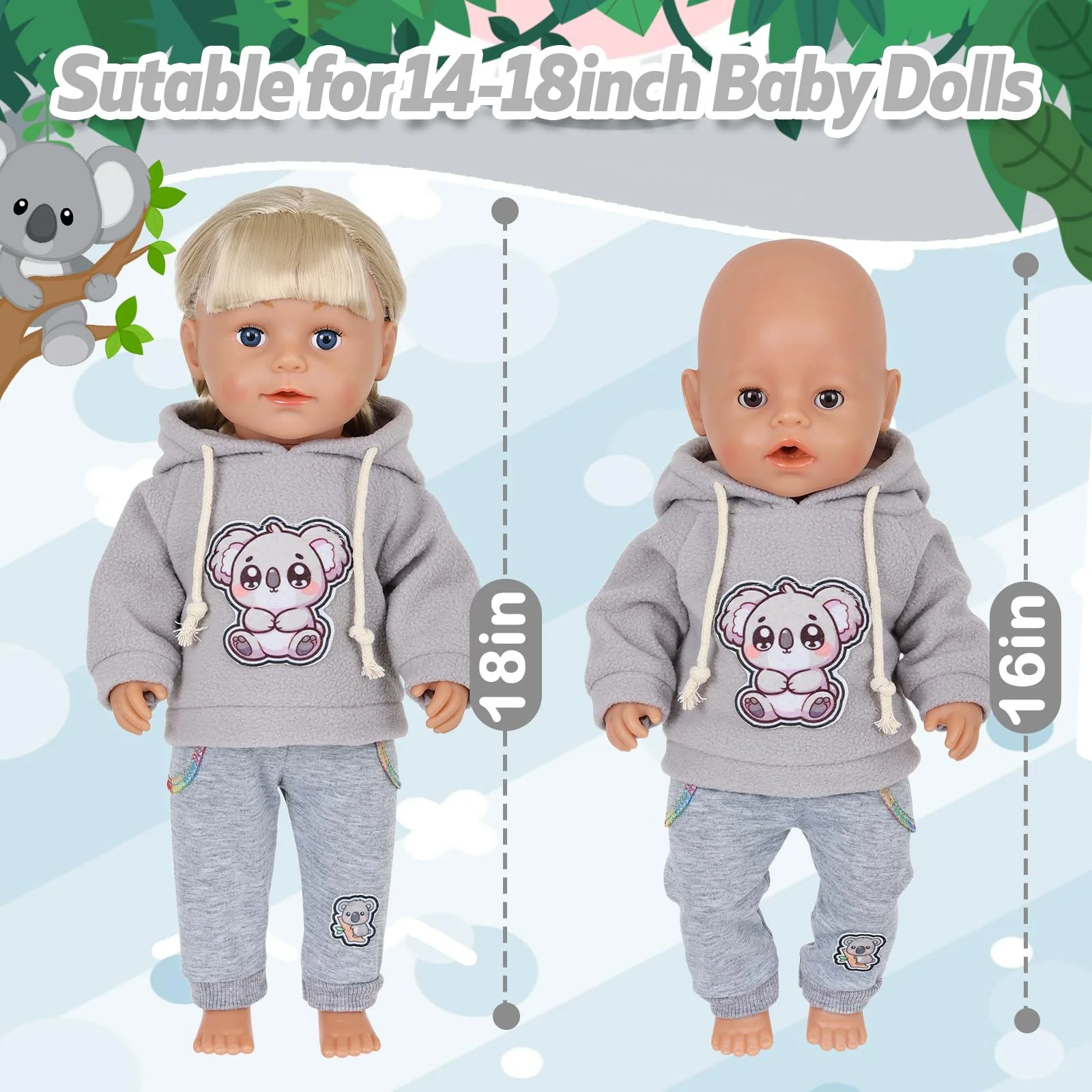 4 Stück Puppenkleidung für 14–18 Zoll große Babypuppen, 35-45cm Baby Puppen Outfits mit Koala, 43cm Süße PuppenKleidung Zubehör mit grau Koalahoodie + Hose + Socken + Kleiderbügel - Image 5