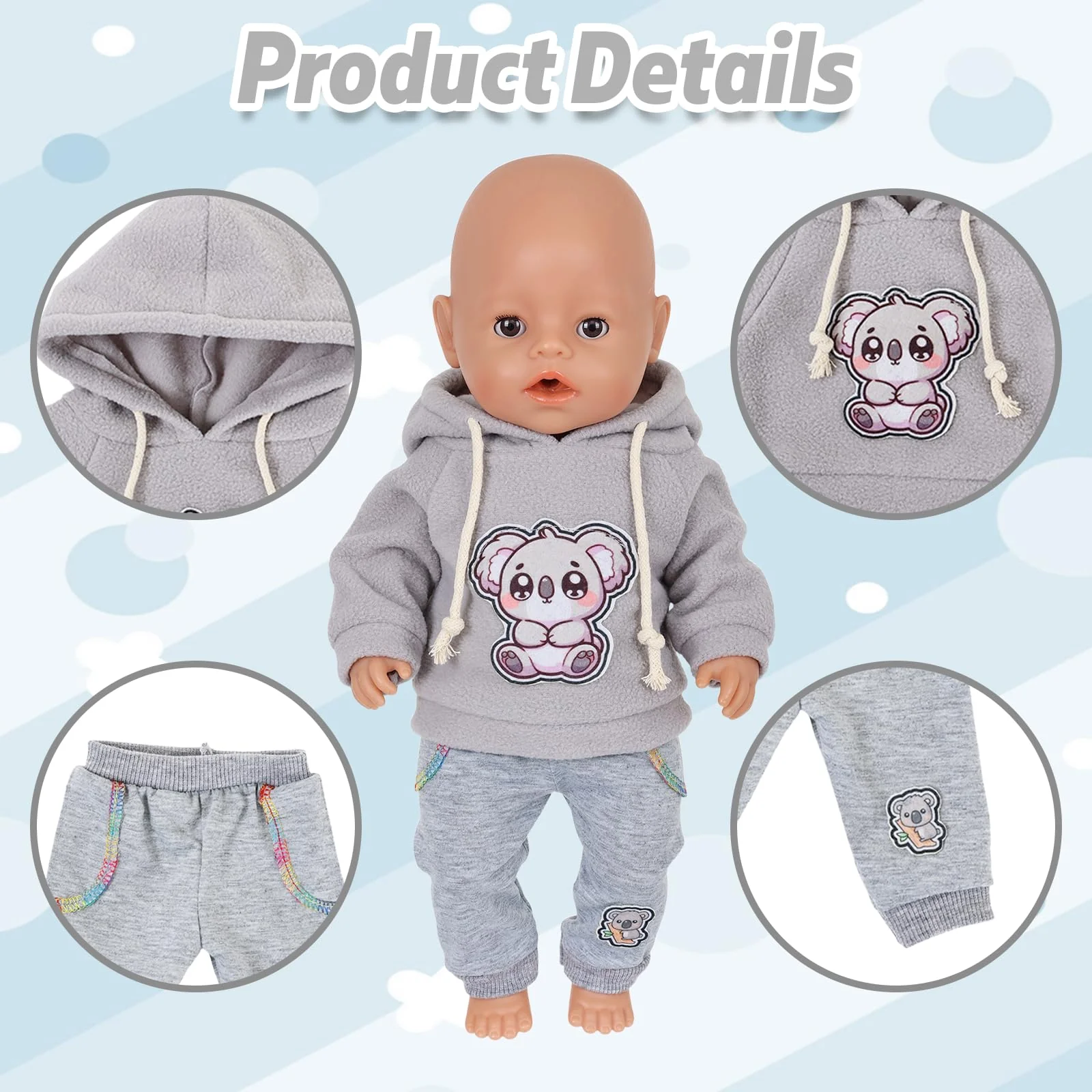 4 Stück Puppenkleidung für 14–18 Zoll große Babypuppen, 35-45cm Baby Puppen Outfits mit Koala, 43cm Süße PuppenKleidung Zubehör mit grau Koalahoodie + Hose + Socken + Kleiderbügel - Image 7