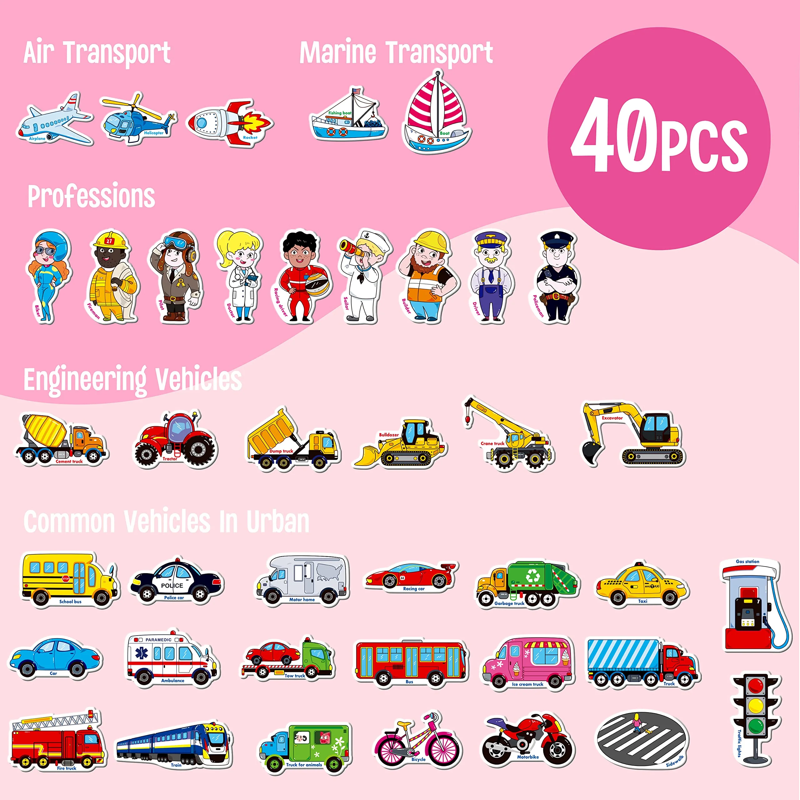 40 STK. Fahrzeugmagnete, Fahrzeuge und Berufe Kühlschrankmagnete für Kinder - Magnetische Transportmittel Kühlschrankdekorationen - Pädagogisches Lernspielzeug für Kleinkinder - Image 6
