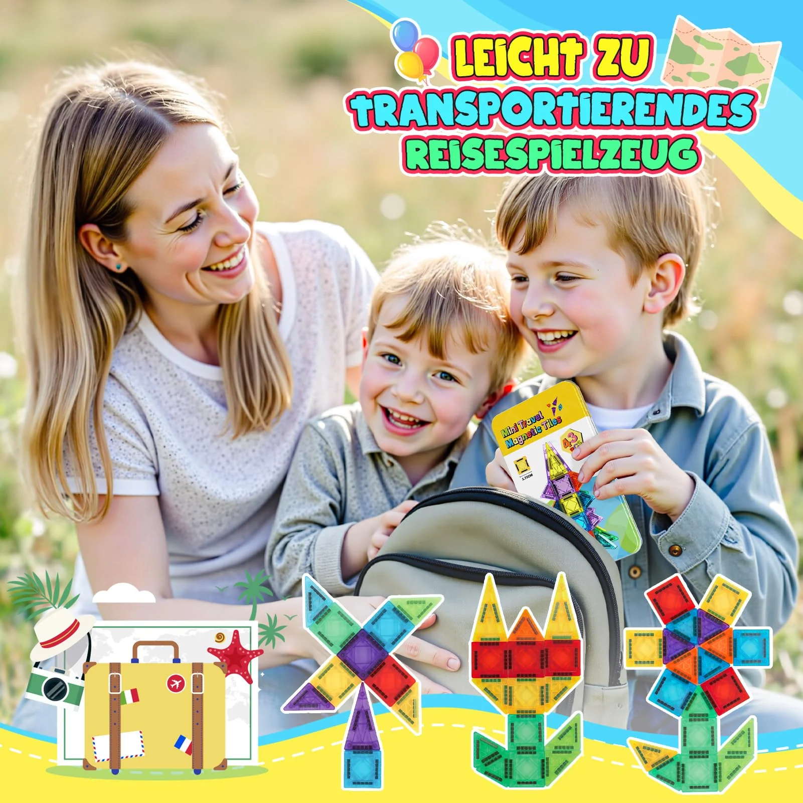 43 Pcs Mini Magnetische Bausteine Reiseset, Spielzeug ab 3 4 5 6 Jahre Junge Mädchen Reisespiele Kinder ab 3-6 Flugzeug Beschäftigung Kinder Geschenk Jungen 3-6 Jahre STEM Montessori Spielzeug - Image 6