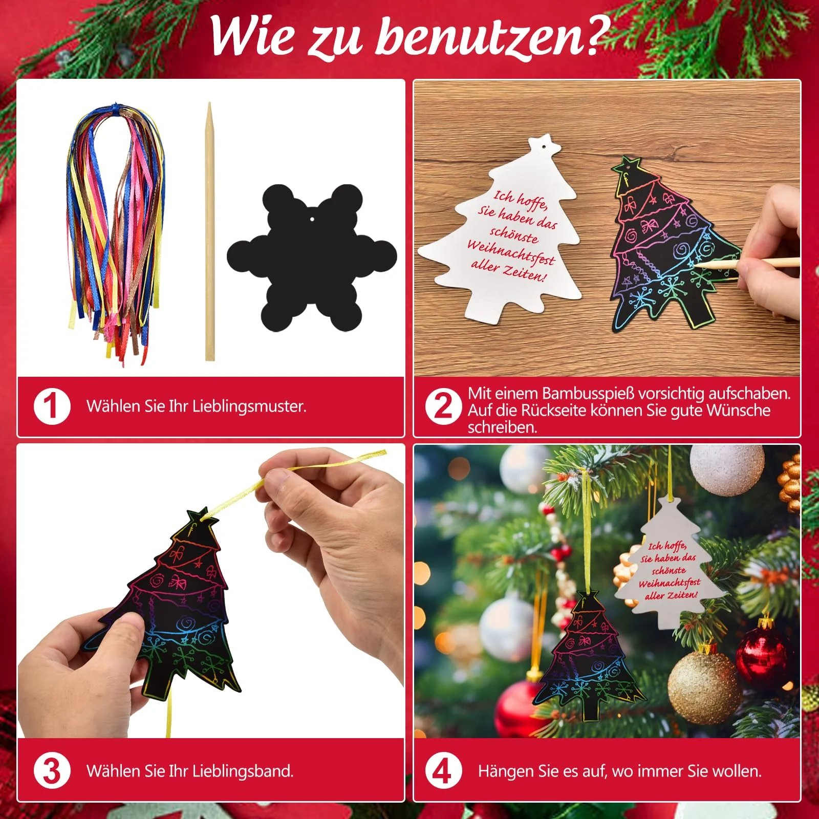 48 Stück Weihnachten Kratzbilder für Kinder, Regenbogen Scratch Art Set Kratzpapier zum Basteln, Scratch Paper mit 8 Holzstiften 48 Bändern Für Weihnachtsdeko, Adventskalender Füllung Für Kinder - Image 6