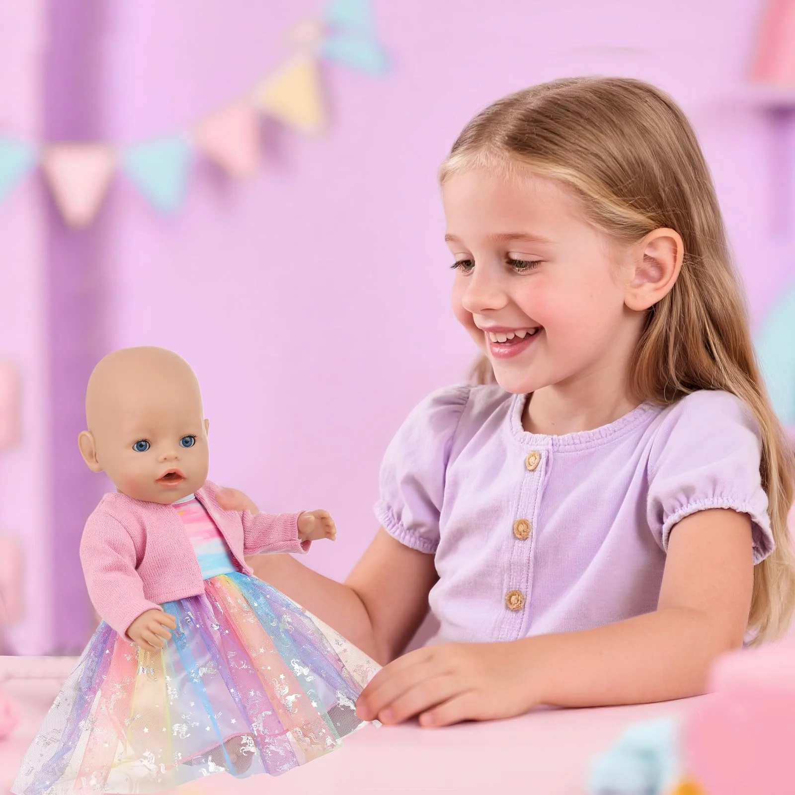 5 Stück Süßes Puppenkleidung für Baby Puppen, 14-18 Zoll Baby Puppen Kleidung mit Rosa Regenbogen Tüllrock Rosa Jacke Stirnband mit Brille und Schleife, Puppenkleidung 35-43cm Outfit - Image 3