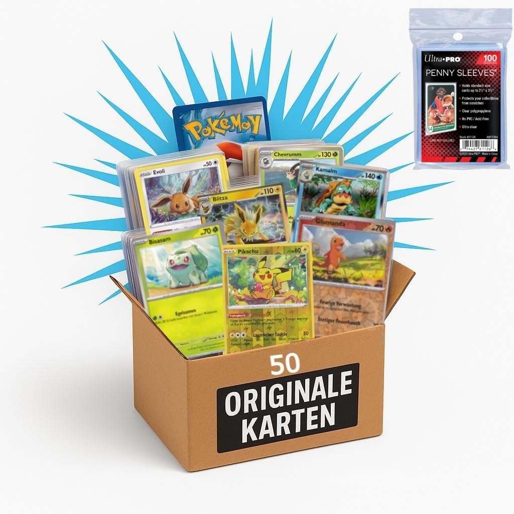50 Original Pokémon Karten Deutsch – garantiert 5 Holo + 100 Ultra Pro Soft Sleeves – Karten Set für Sammler & Kinder