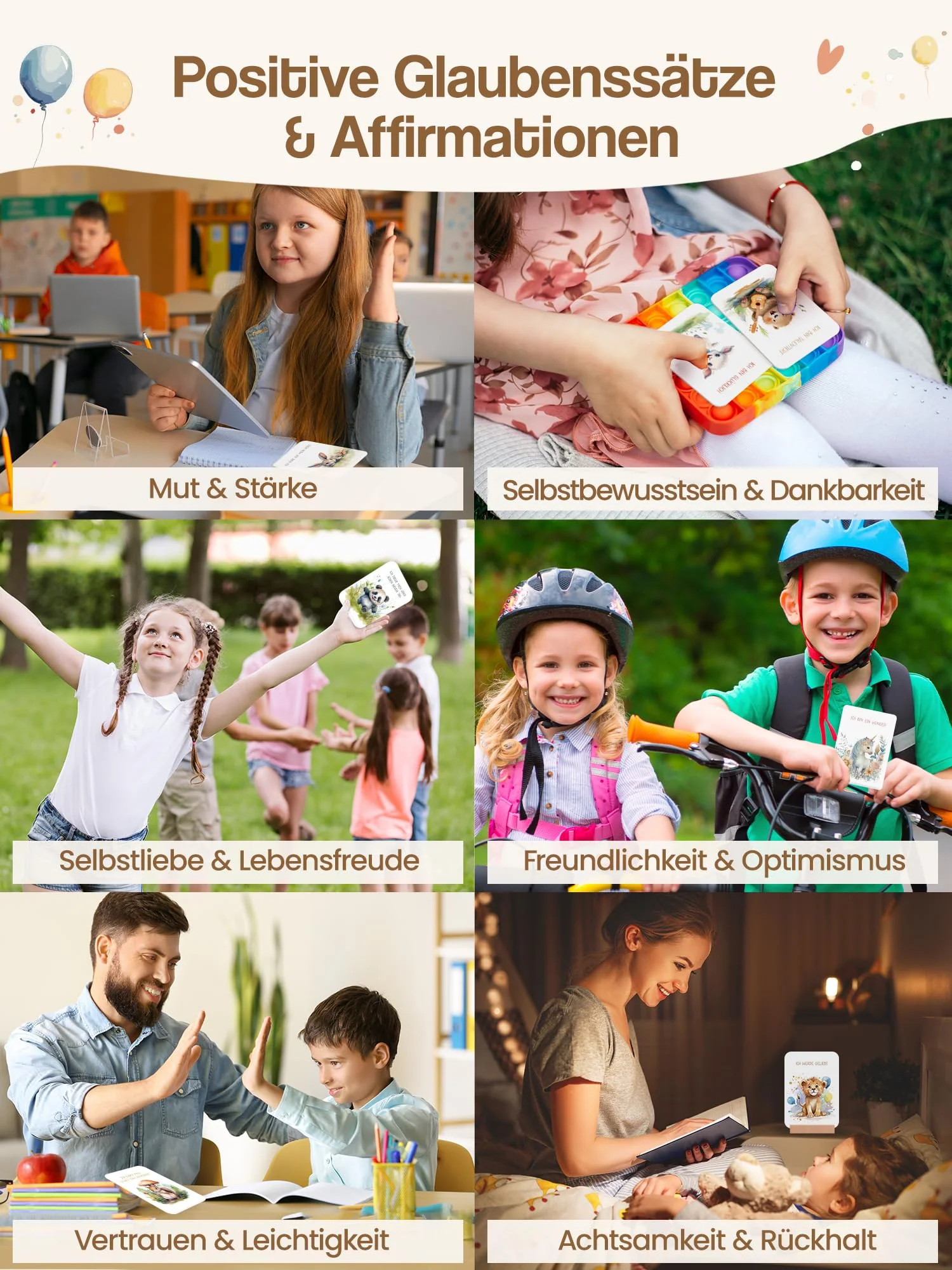 55 Affirmationskarten Kinder mit Holzhalter | Achtsamkeit, Gefühle, Mutmacher, Selbstliebe, Motivation, Emotion, Positive Affirmationen Karten für Kinder Einschulung Geschenk Selbstbewusstsein Stärken - Image 3