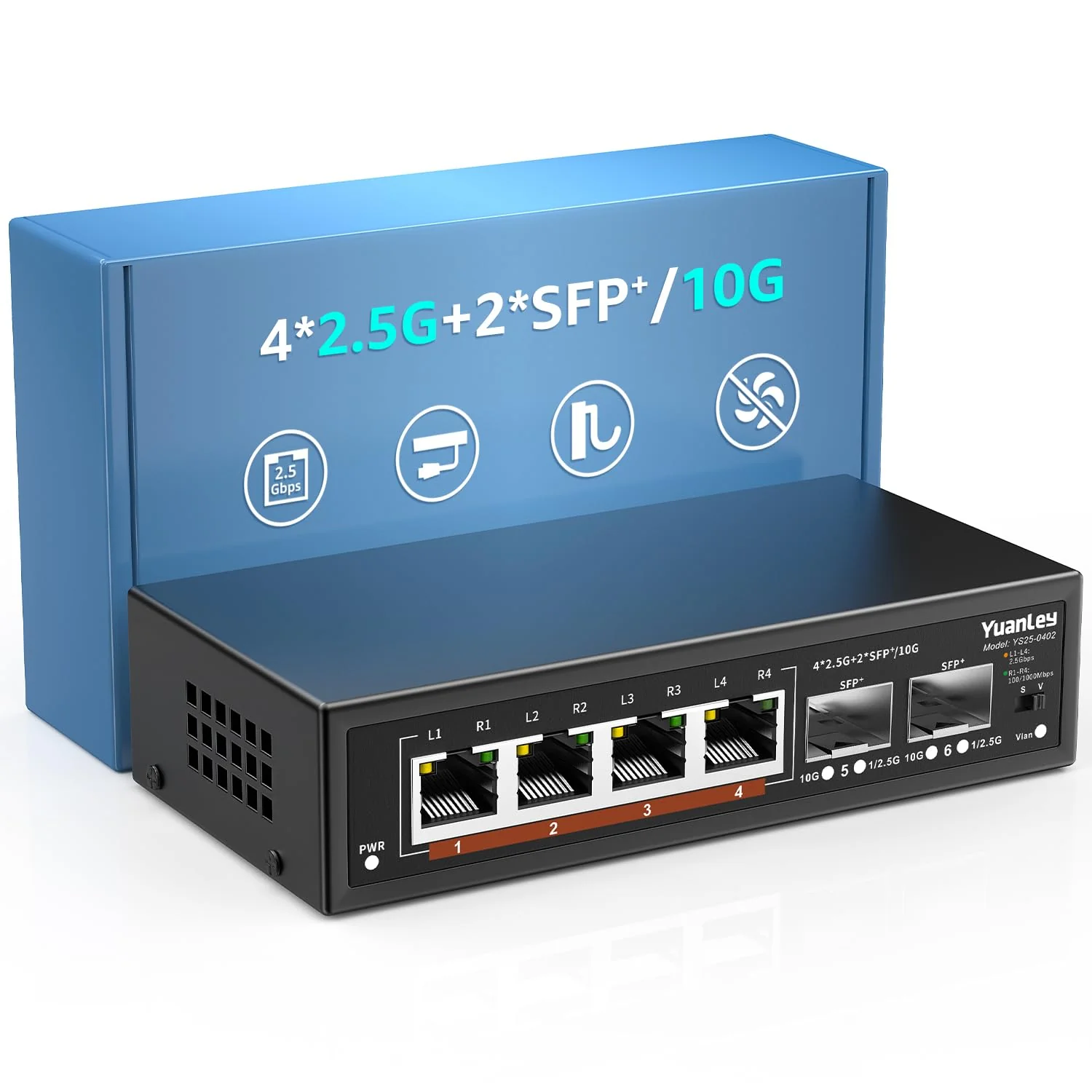 6 Port 2.5G Umanaged Ethernet Switch, 4 x 2.5G Base-T Ports, 2 x 10G SFP, 100/1000/2500M Kompatibel, Metall Lüfterlos, Desktop/Wandmontage YuanLey 2.5Gbe Netzwerk Switch für Wireless AP, NAS, PC