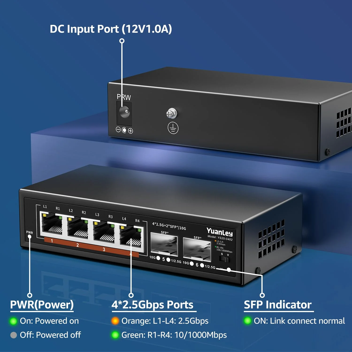 6 Port 2.5G Umanaged Ethernet Switch, 4 x 2.5G Base-T Ports, 2 x 10G SFP, 100/1000/2500M Kompatibel, Metall Lüfterlos, Desktop/Wandmontage YuanLey 2.5Gbe Netzwerk Switch für Wireless AP, NAS, PC - Image 6