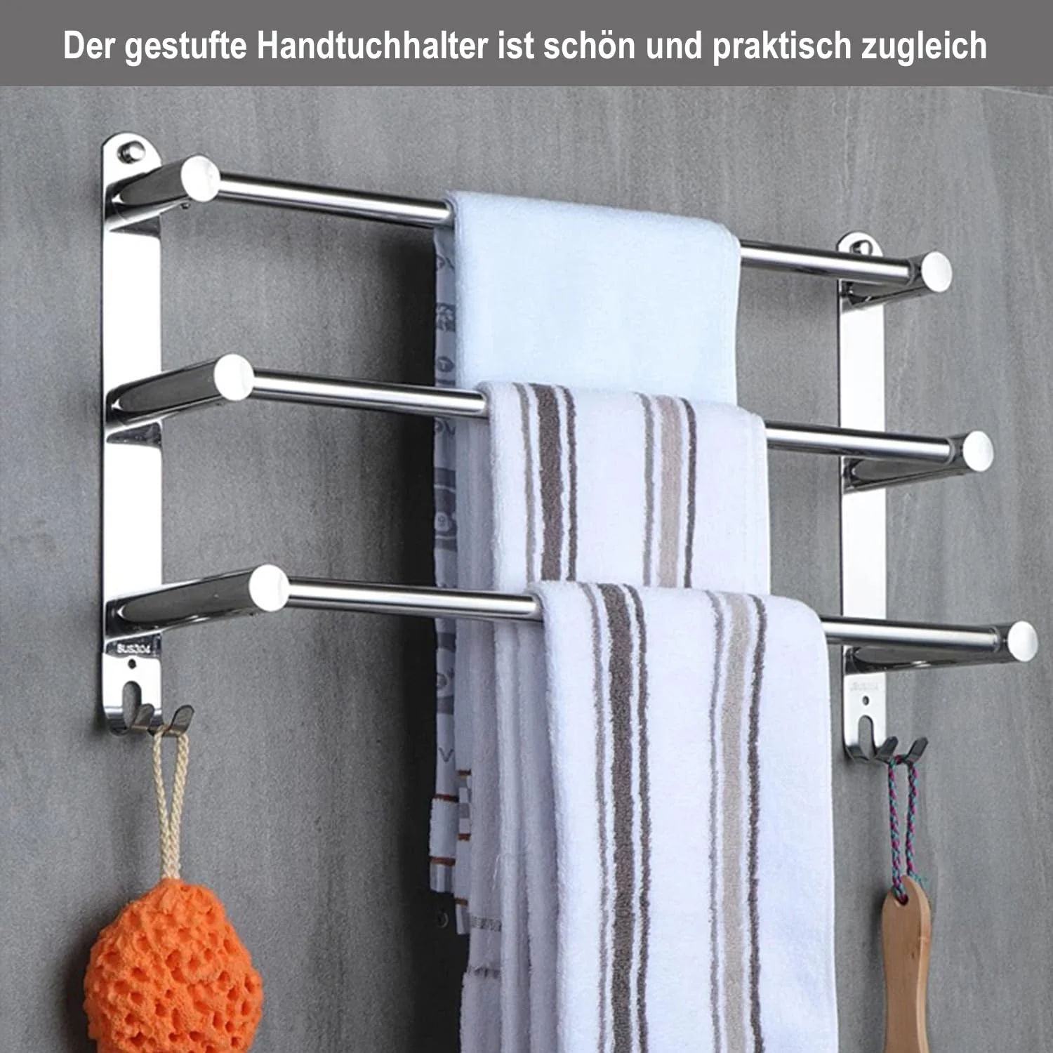 60CM Handtuchhalter Ohne Bohren, Handtuchhalter Stehend, Handtuchhalter Silber Badezimmer Zubehör, Handtuchhalter Bad Selbstklebend SUS304 Edelstahl, Handtuchhalter Wandmontage für Badezimmer Küche - Image 3